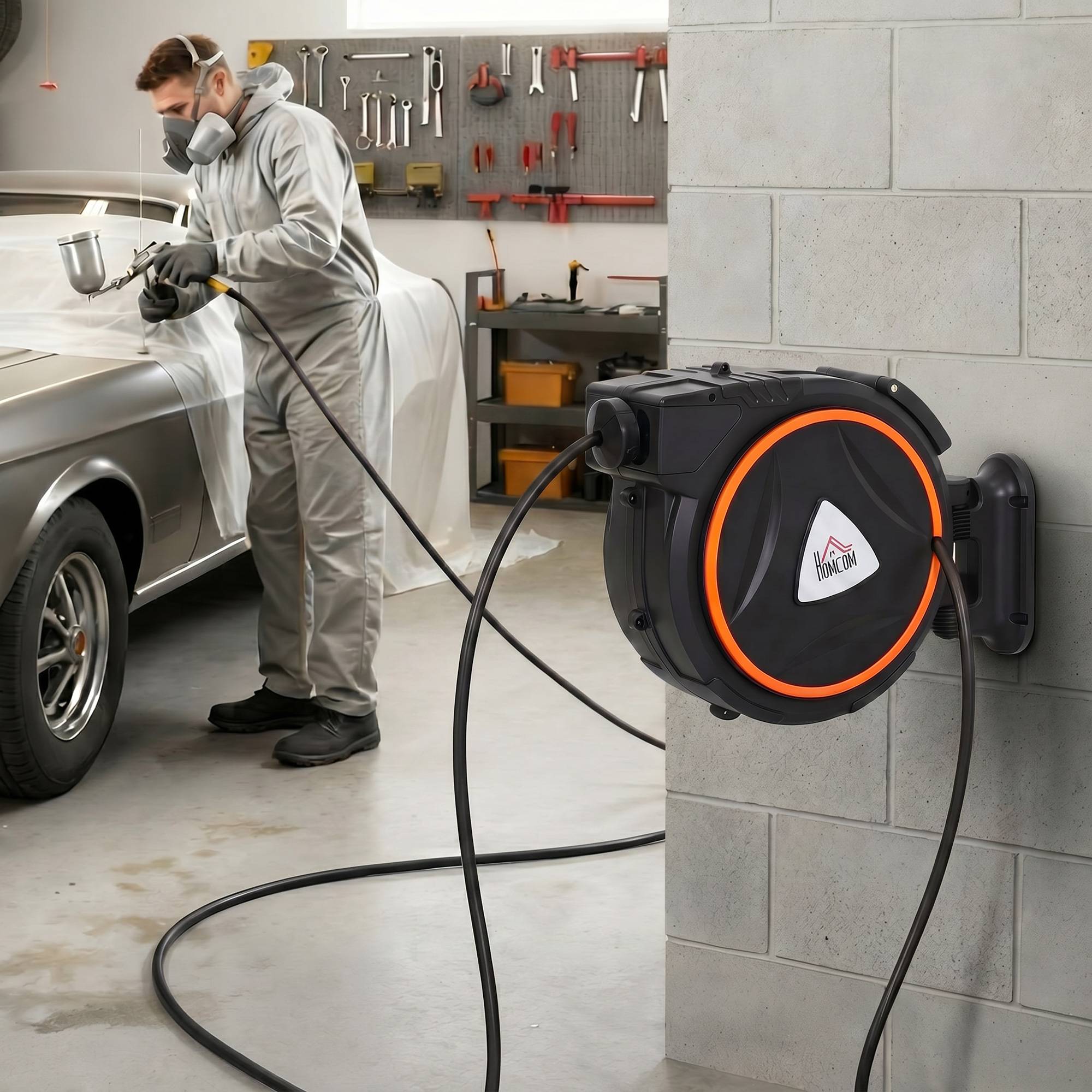 Tuyau compresseur air 20 m + 2 m, raccord 1/4'' BSP, support mural rotatif 180°, noir - Image 4