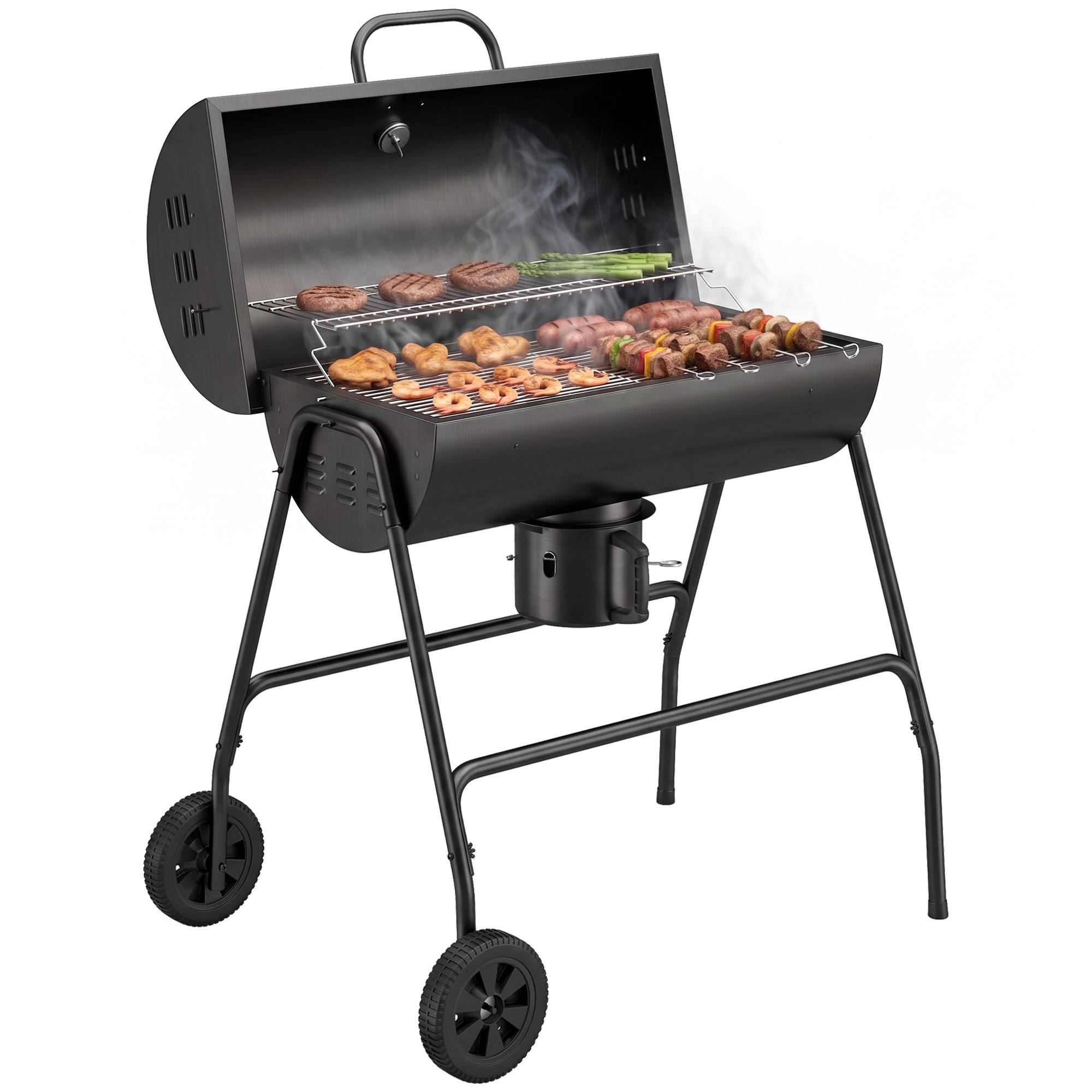 Fumoir BBQ charbon métal, couvercle, thermomètre, roues, chariot, 95x71,5x102cm noir - Image 1