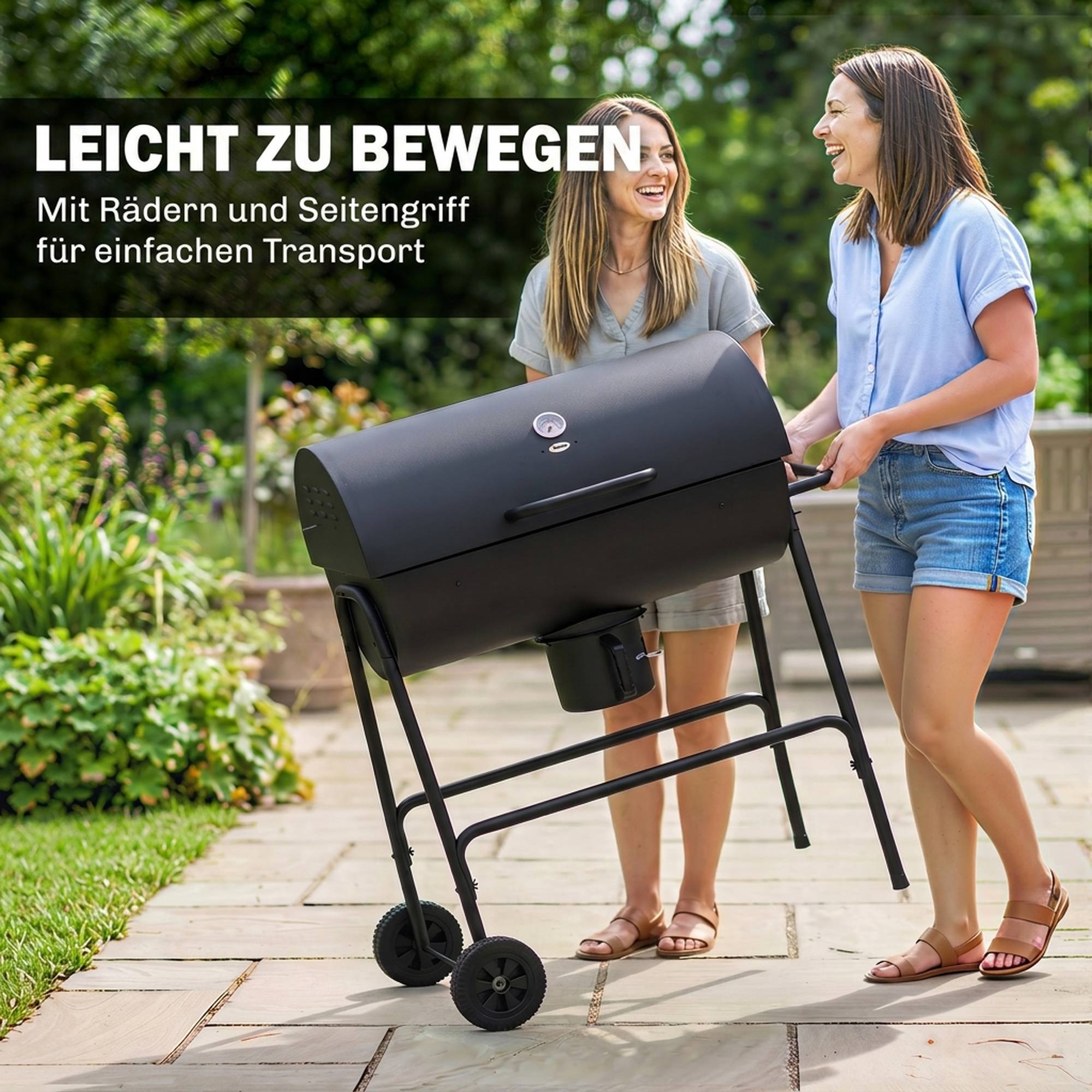 Fumoir BBQ charbon métal, couvercle, thermomètre, roues, chariot, 95x71,5x102cm noir - Image 8