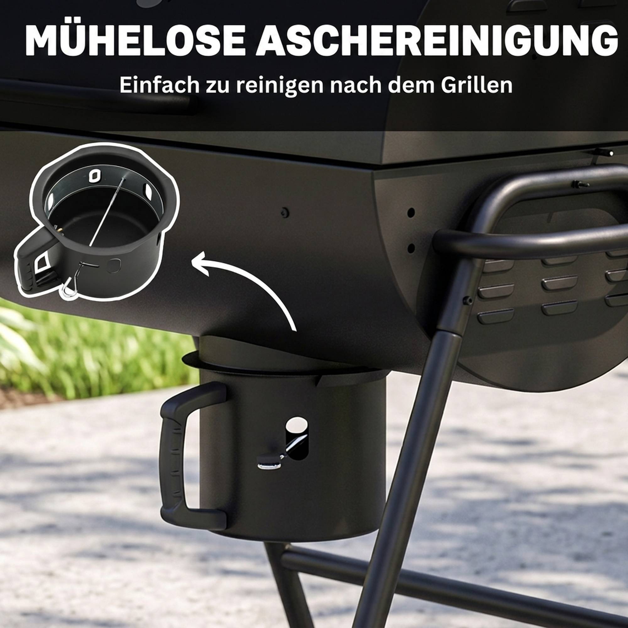 Fumoir BBQ charbon métal, couvercle, thermomètre, roues, chariot, 95x71,5x102cm noir - Image 9
