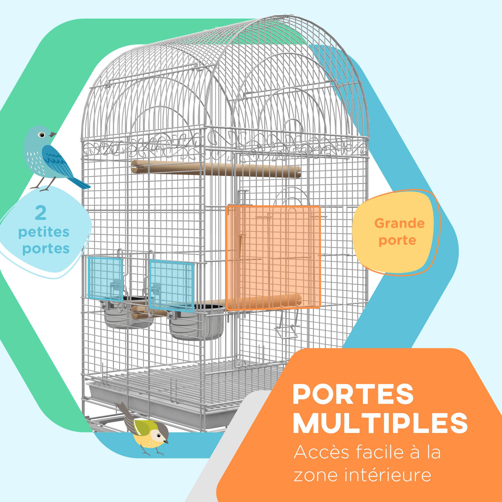 Pawhut - Cage à oiseaux volière sur roulettes - étagère, grille, plateau amovible, 2 bols acier inox, perchoir - acier blanc - Imagen 4