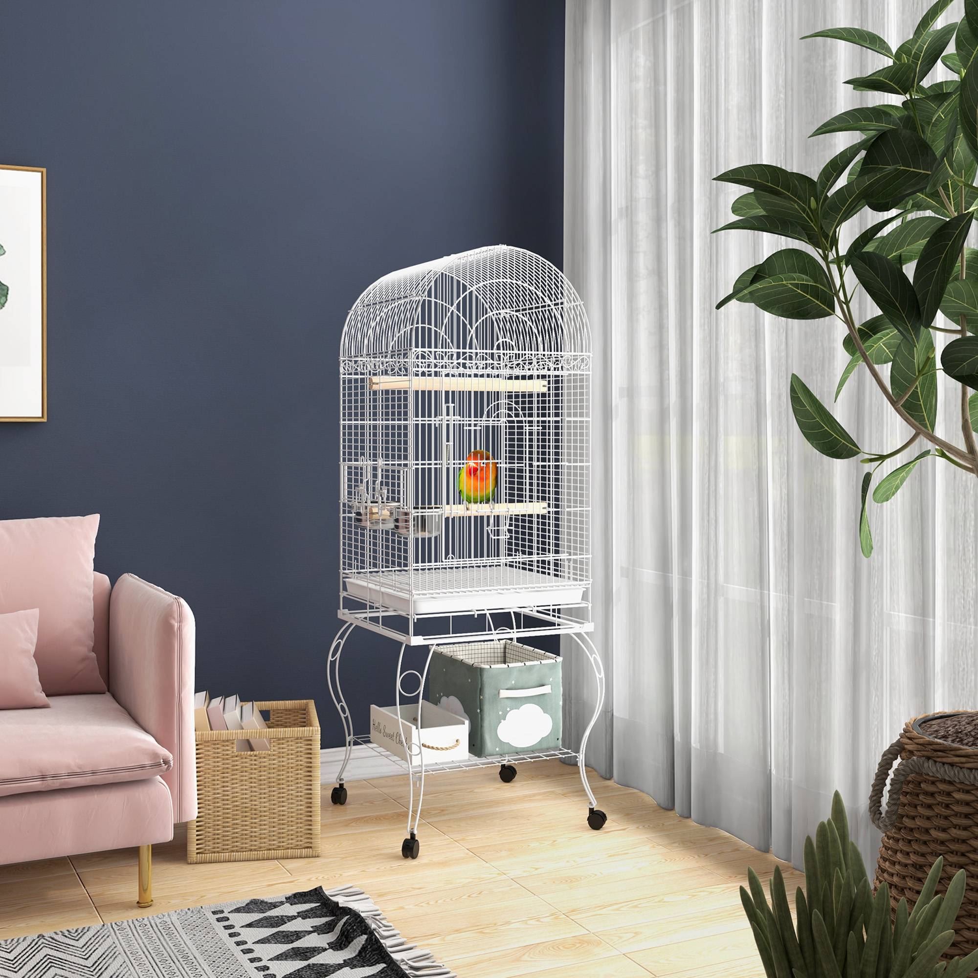 Pawhut - Cage à oiseaux volière sur roulettes - étagère, grille, plateau amovible, 2 bols acier inox, perchoir - acier blanc - Imagen 2