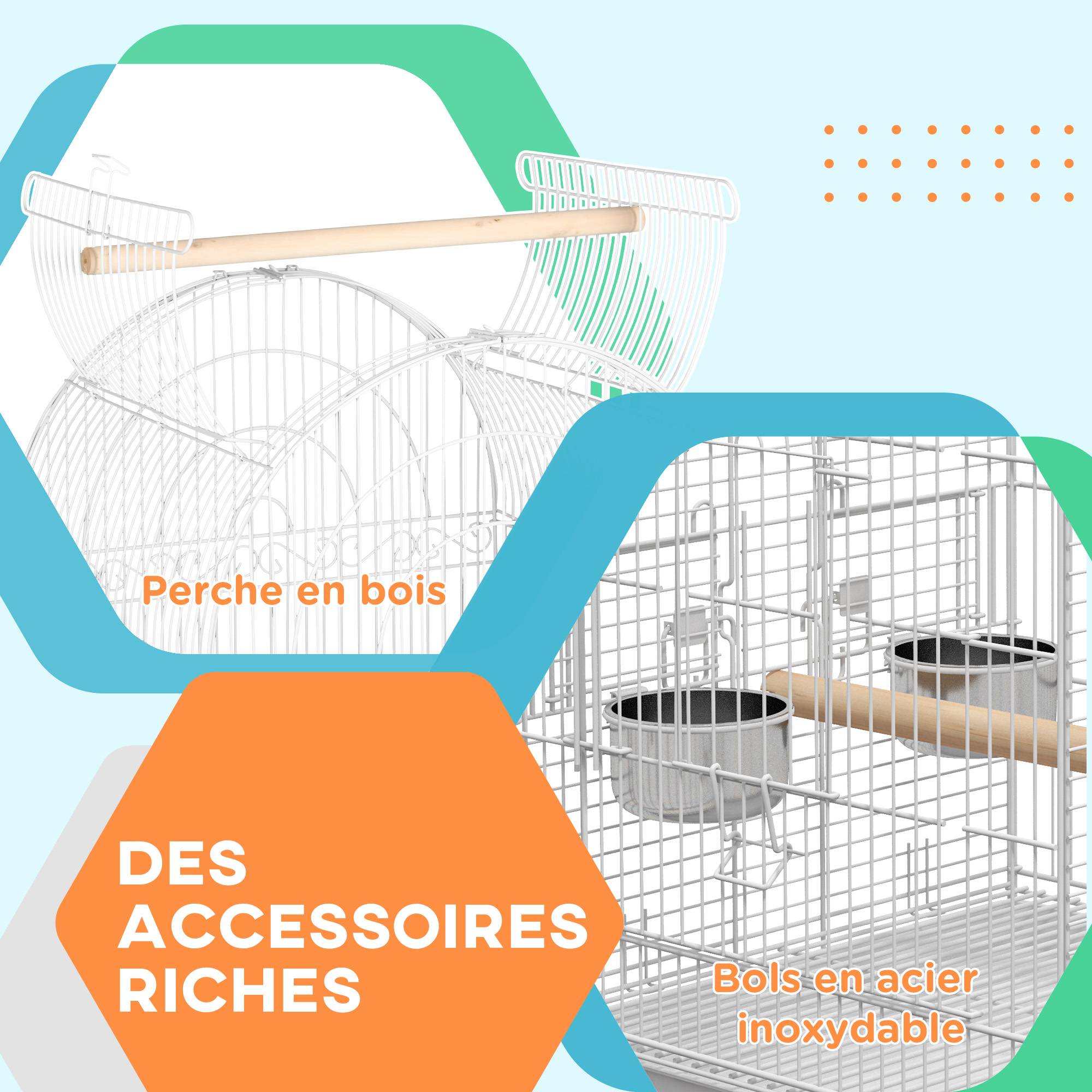 Pawhut - Cage à oiseaux volière sur roulettes - étagère, grille, plateau amovible, 2 bols acier inox, perchoir - acier blanc - Imagen 7