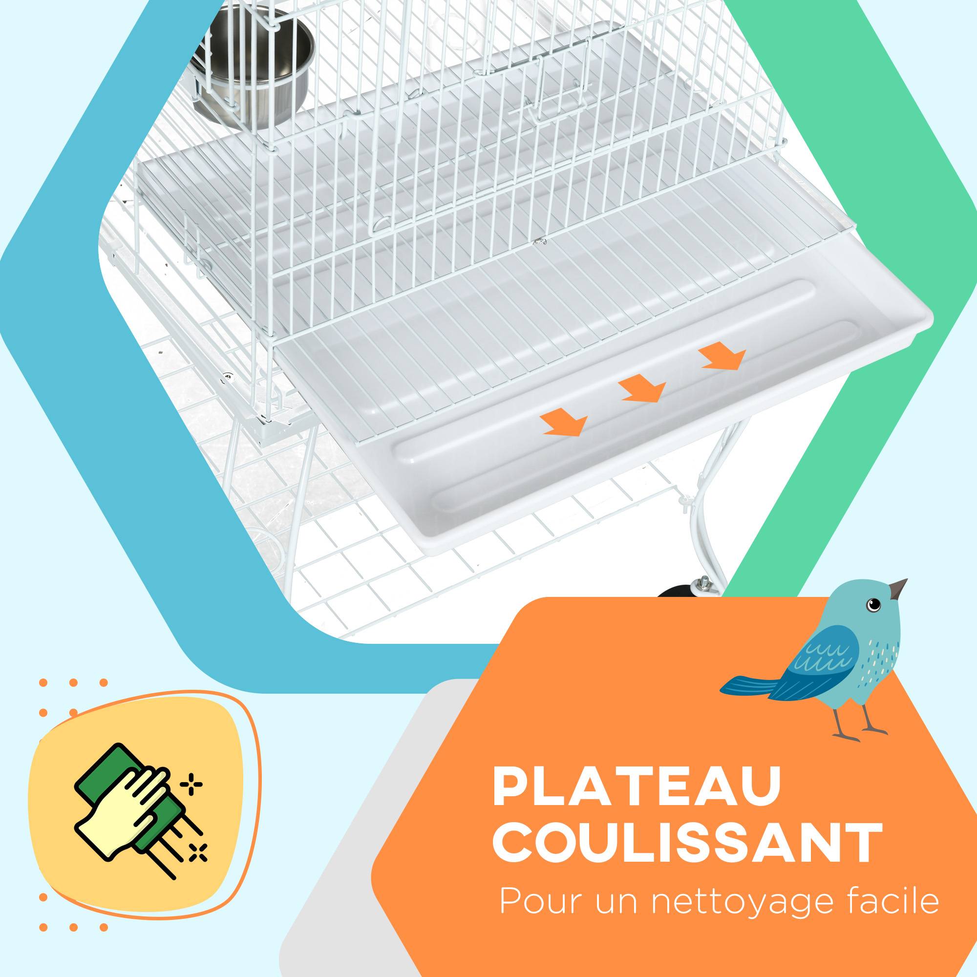 Pawhut - Cage à oiseaux volière sur roulettes - étagère, grille, plateau amovible, 2 bols acier inox, perchoir - acier blanc - Imagen 5