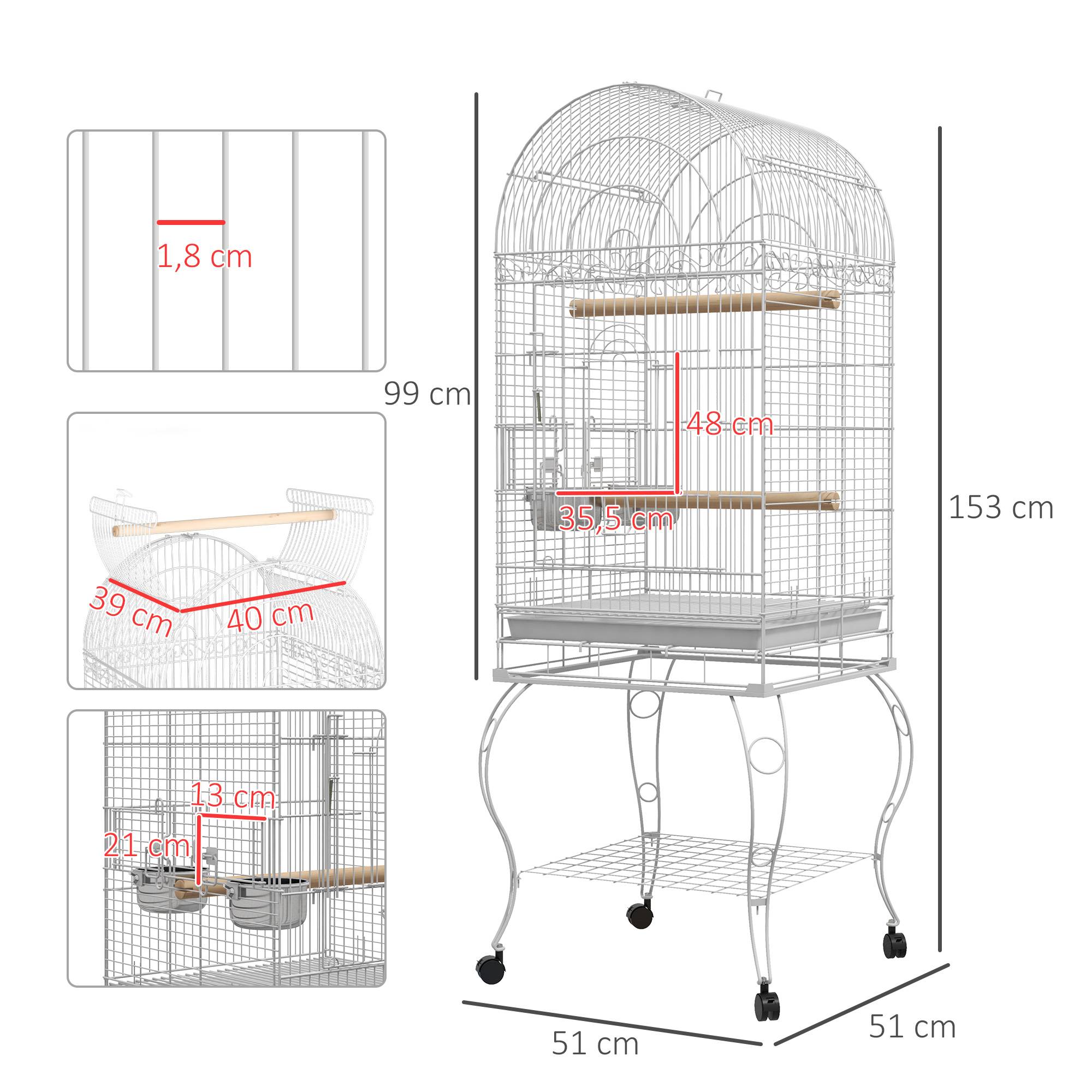 Pawhut - Cage à oiseaux volière sur roulettes - étagère, grille, plateau amovible, 2 bols acier inox, perchoir - acier blanc - Imagen 3