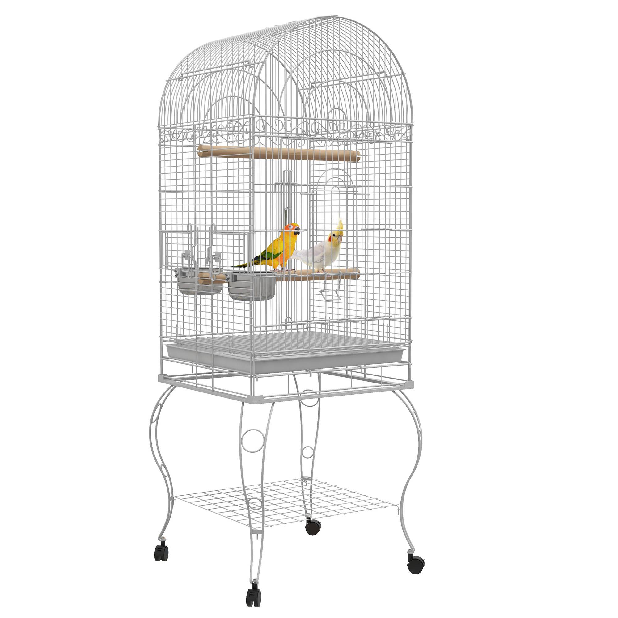 Pawhut - Cage à oiseaux volière sur roulettes - étagère, grille, plateau amovible, 2 bols acier inox, perchoir - acier blanc - Imagen 1