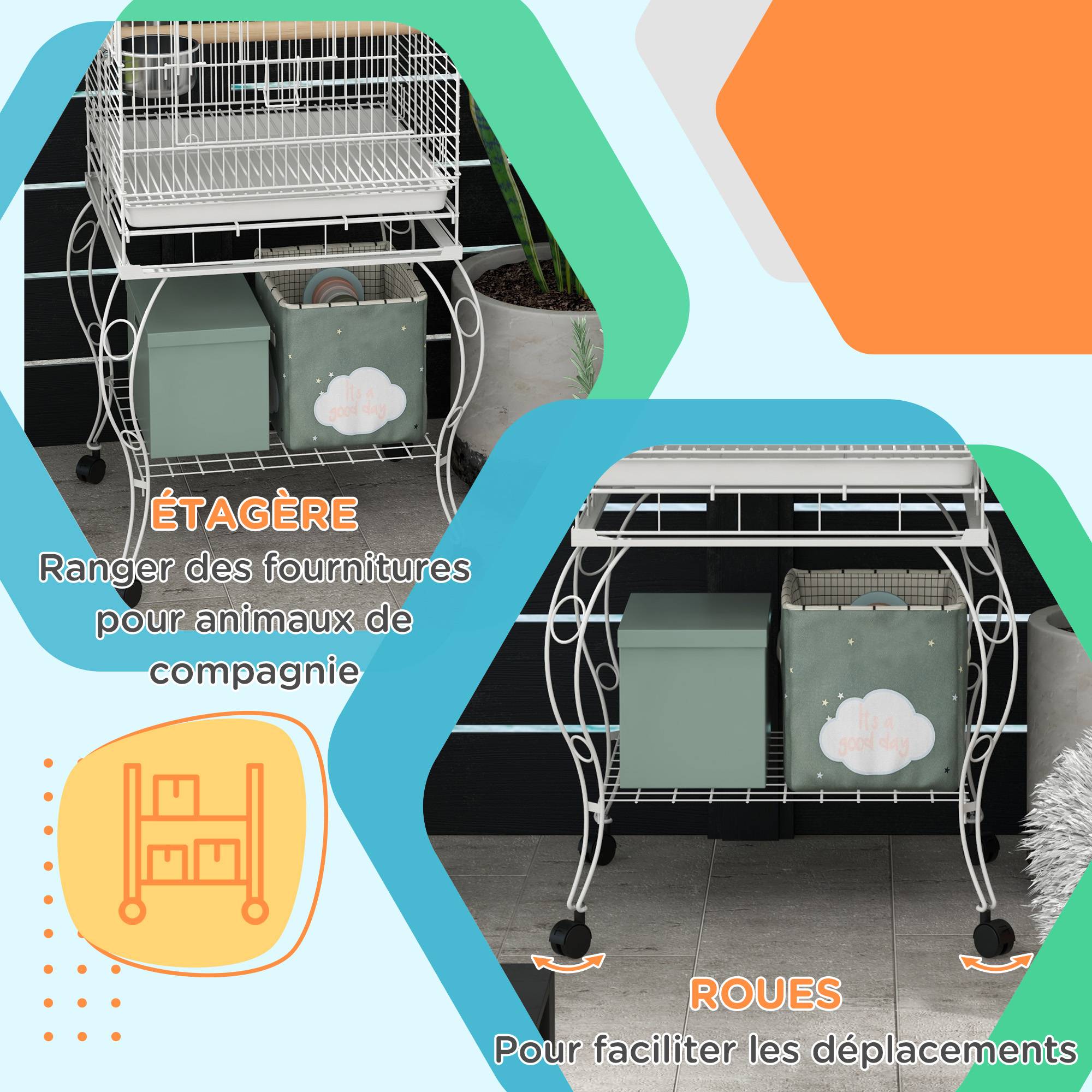 Pawhut - Cage à oiseaux volière sur roulettes - étagère, grille, plateau amovible, 2 bols acier inox, perchoir - acier blanc - Imagen 6