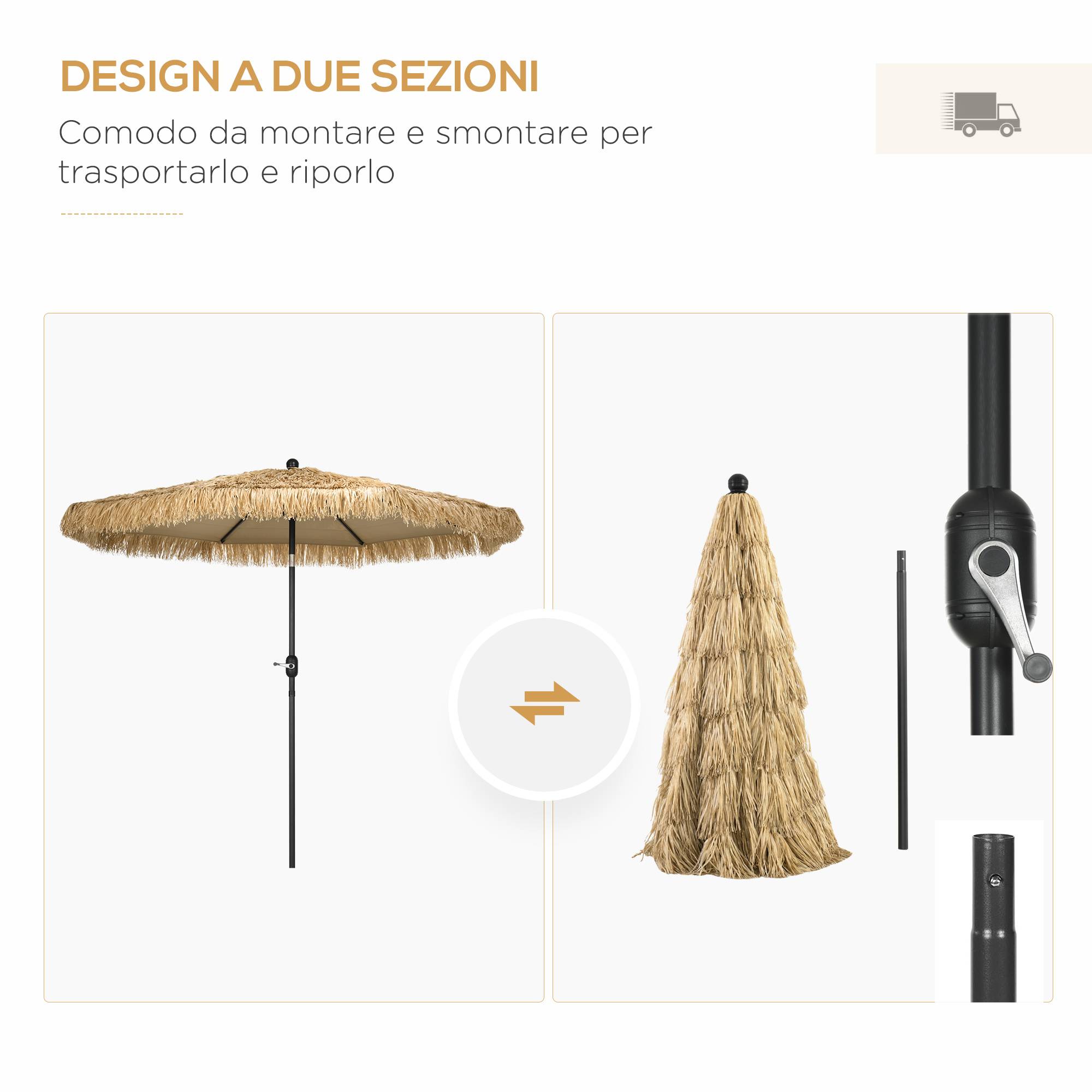 Parasol de jardin rond avec couverture en paille et manivelle, Ø265x250 cm, kaki - Image 9