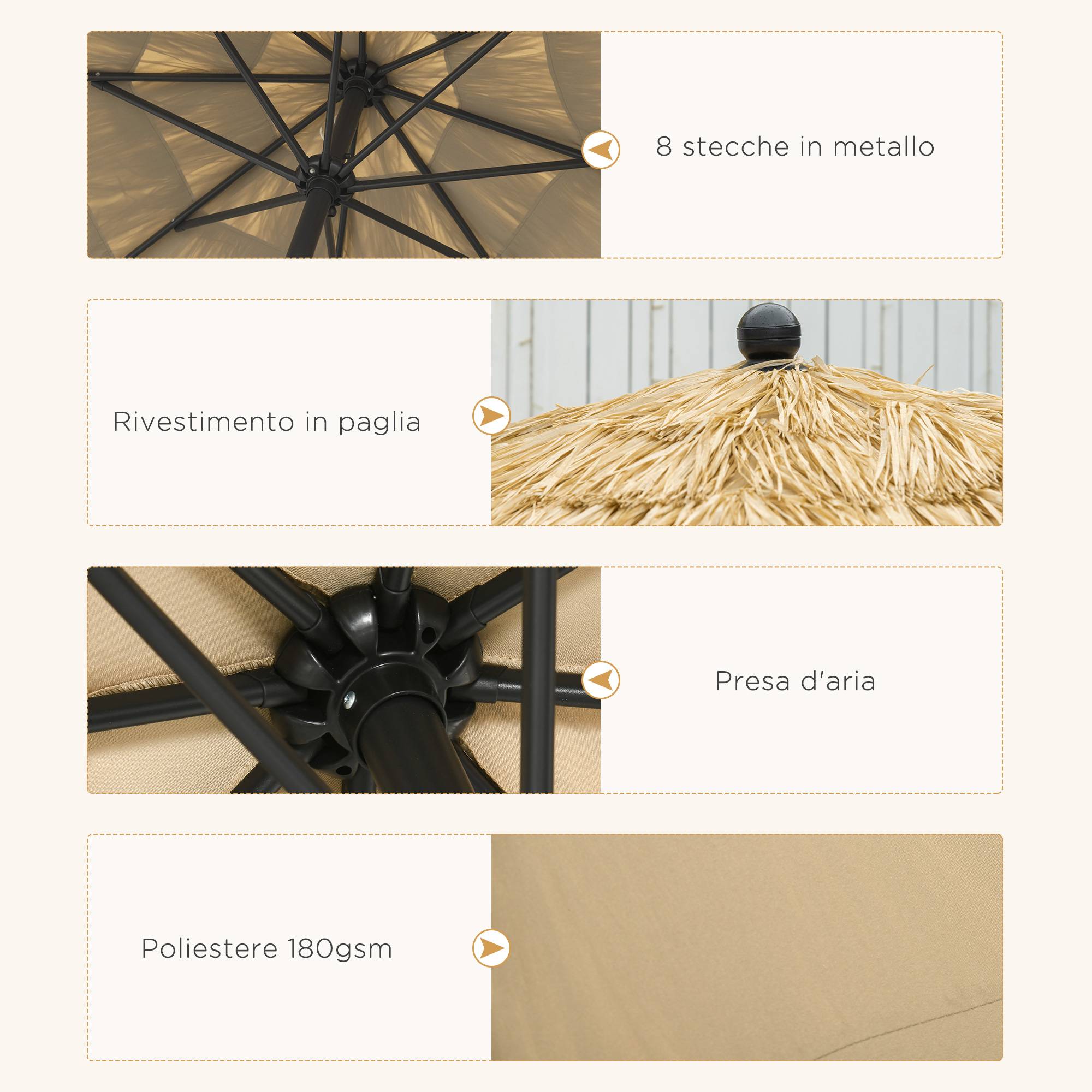 Parasol de jardin rond avec couverture en paille et manivelle, Ø265x250 cm, kaki - Image 8