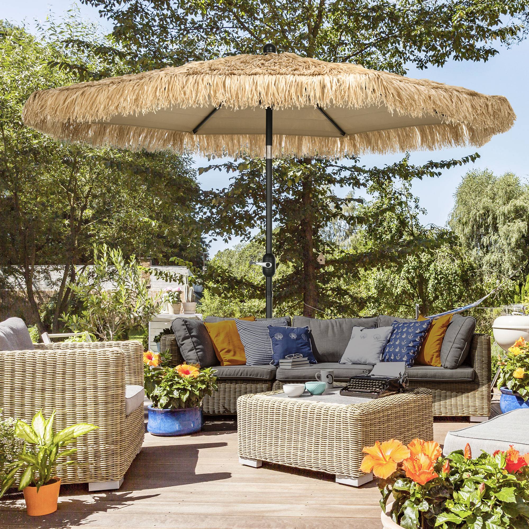 Parasol de jardin rond avec couverture en paille et manivelle, Ø265x250 cm, kaki - Image 4