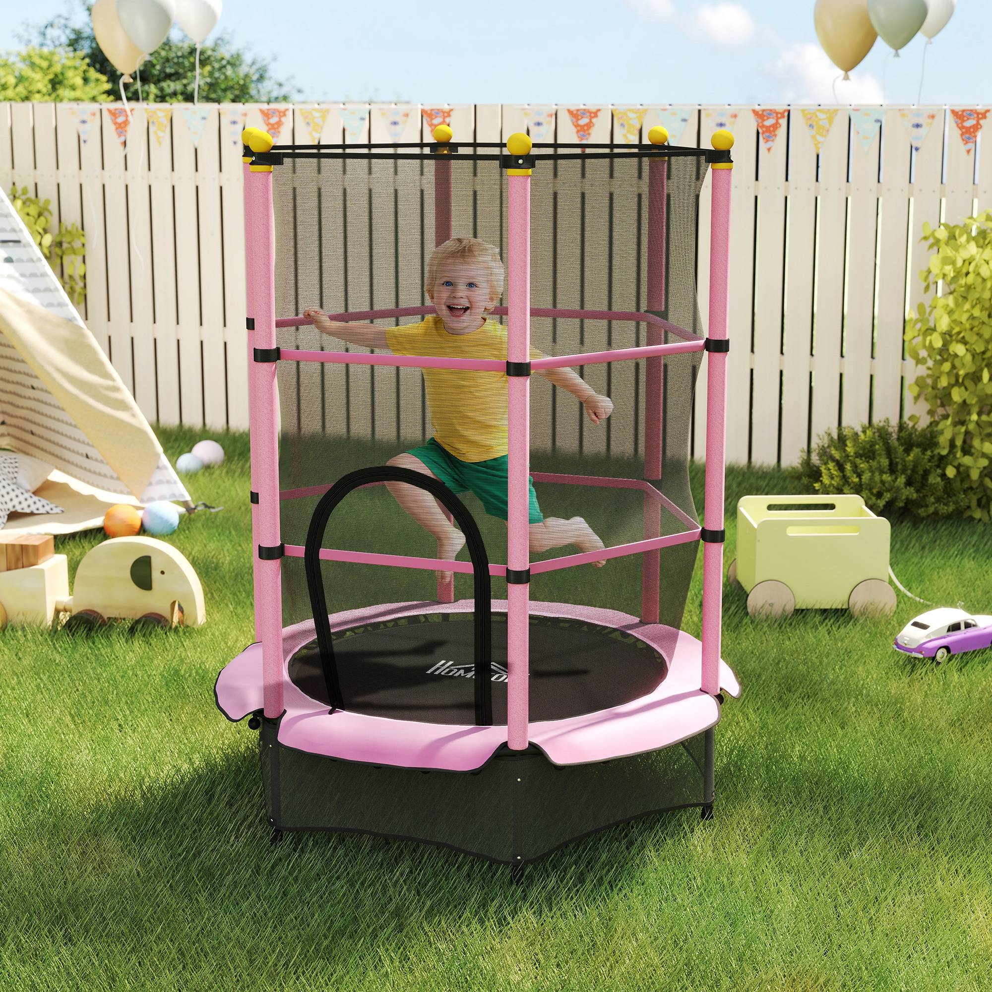 Trampoline Enfant Ø 1,40 × 1,90H m Filet de sécurité Porte zipée Couvre-Ressorts 6 poteaux rembourrés Inclus Rose - Image 3