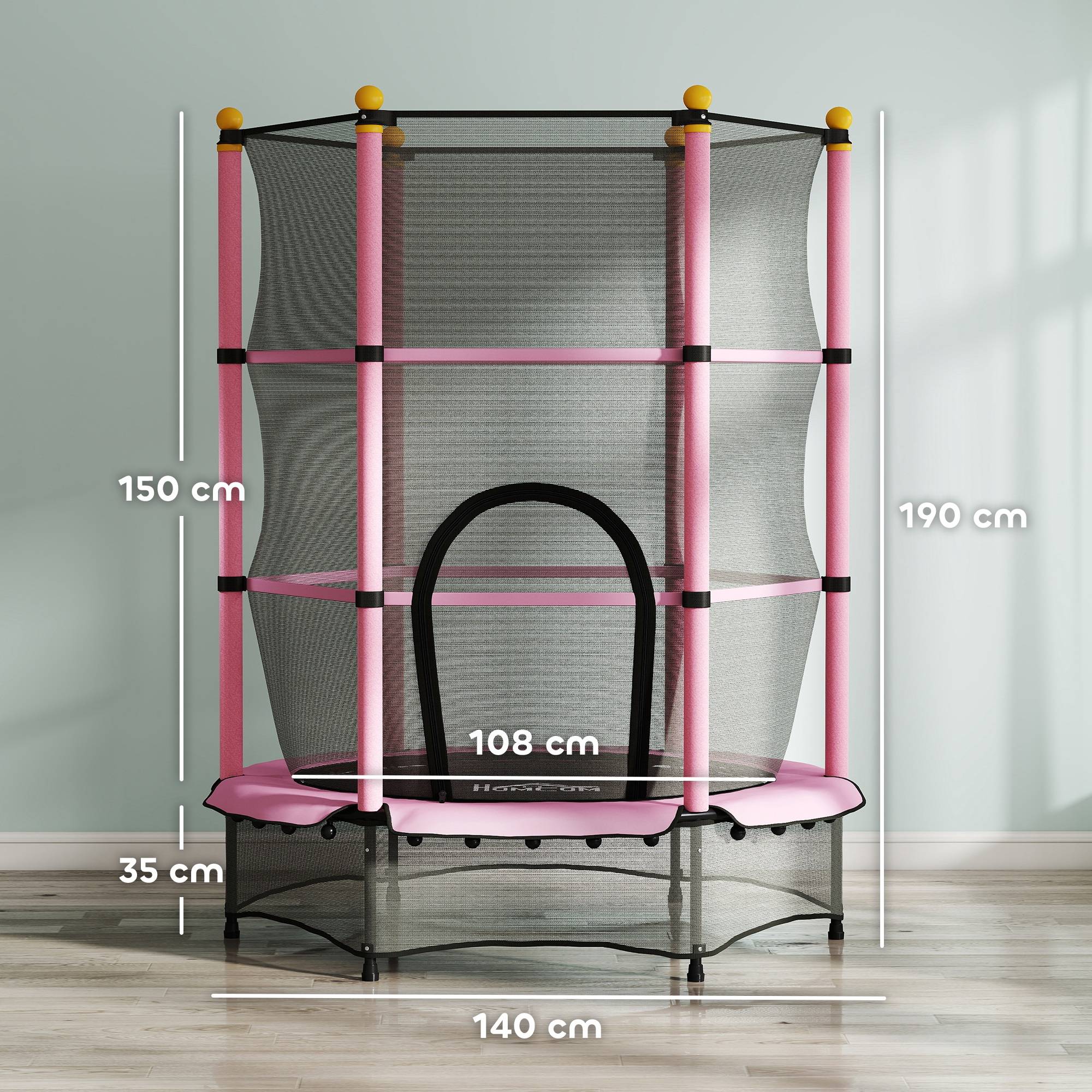 Trampoline Enfant Ø 1,40 × 1,90H m Filet de sécurité Porte zipée Couvre-Ressorts 6 poteaux rembourrés Inclus Rose - Image 5