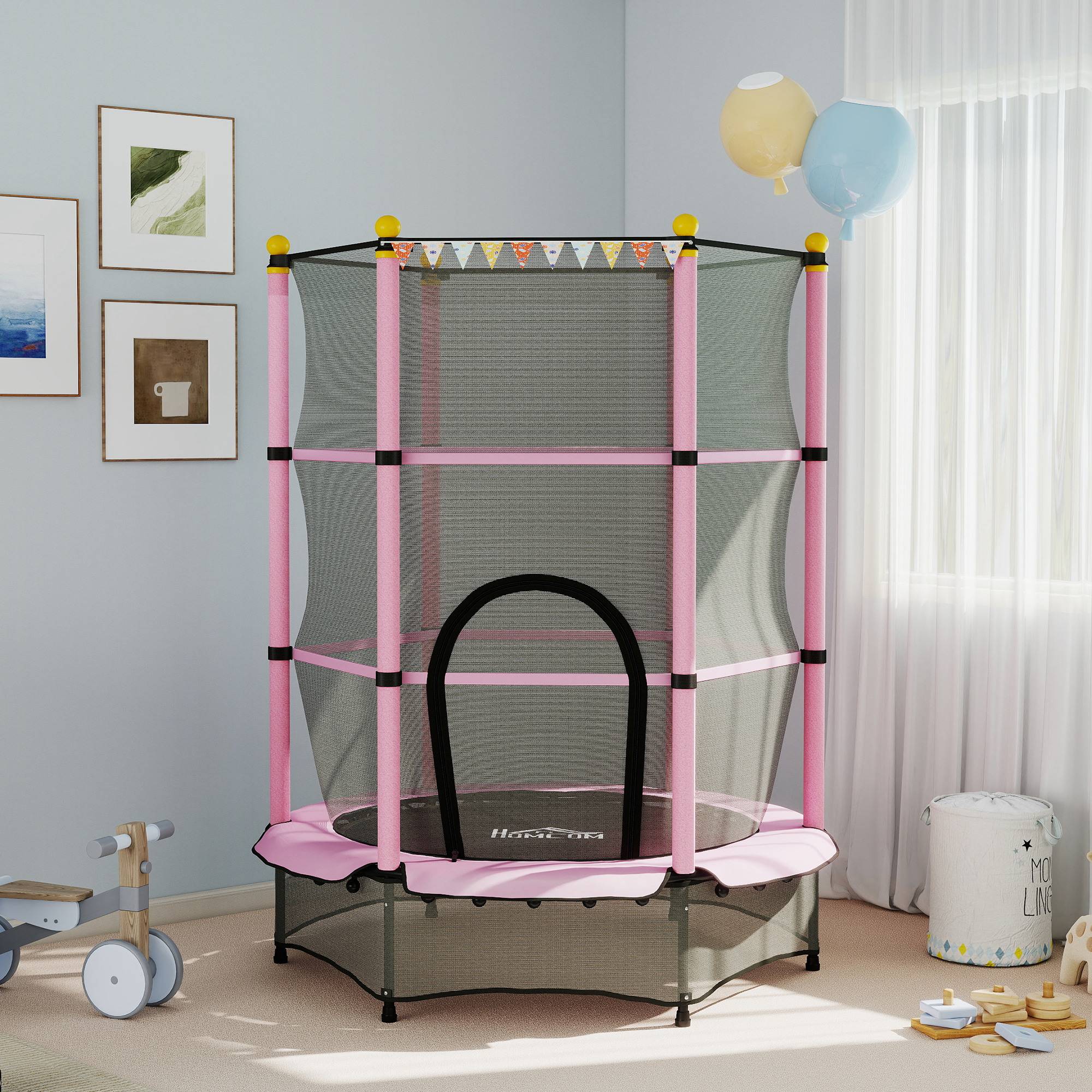 Trampoline Enfant Ø 1,40 × 1,90H m Filet de sécurité Porte zipée Couvre-Ressorts 6 poteaux rembourrés Inclus Rose - Image 4