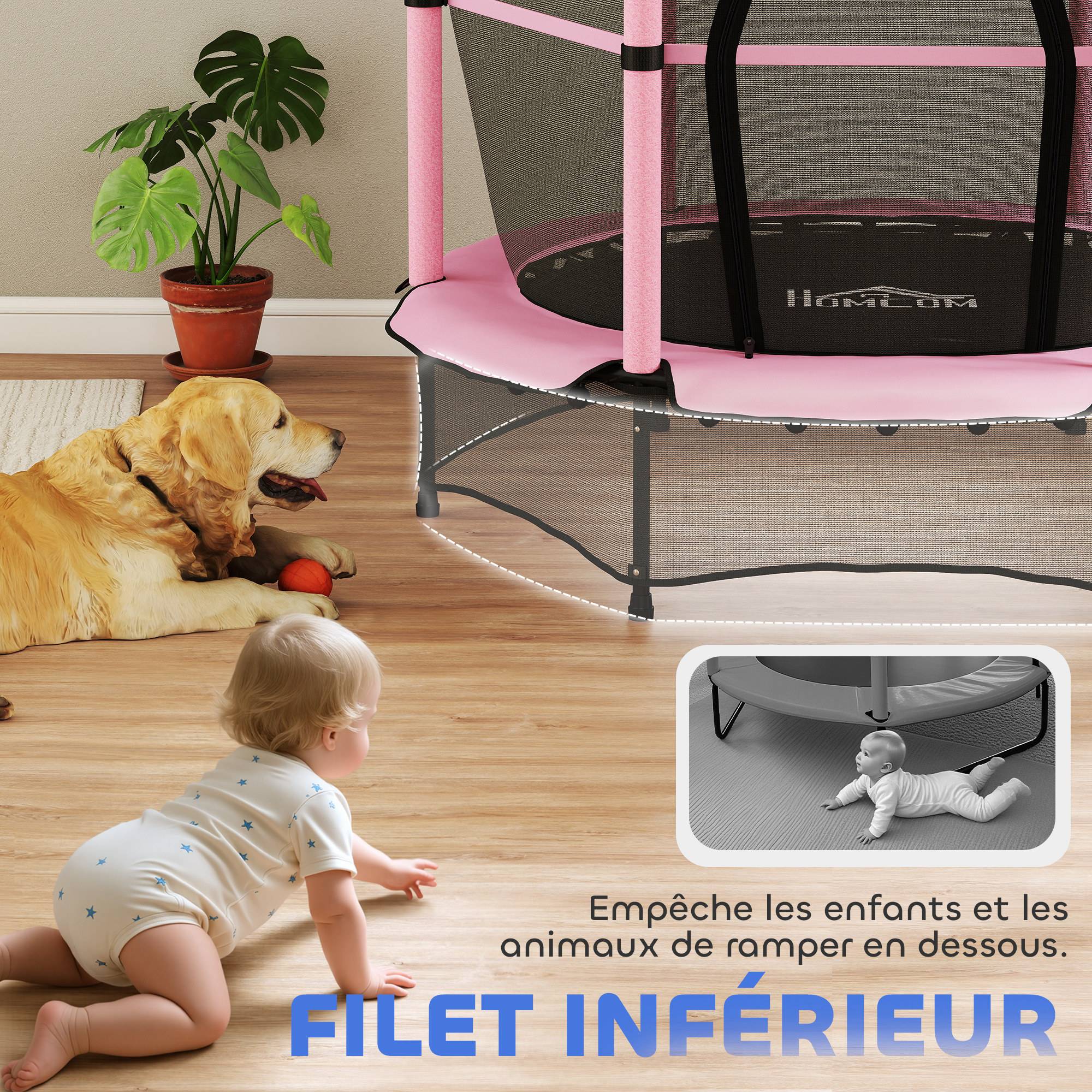 Trampoline Enfant Ø 1,40 × 1,90H m Filet de sécurité Porte zipée Couvre-Ressorts 6 poteaux rembourrés Inclus Rose - Image 10