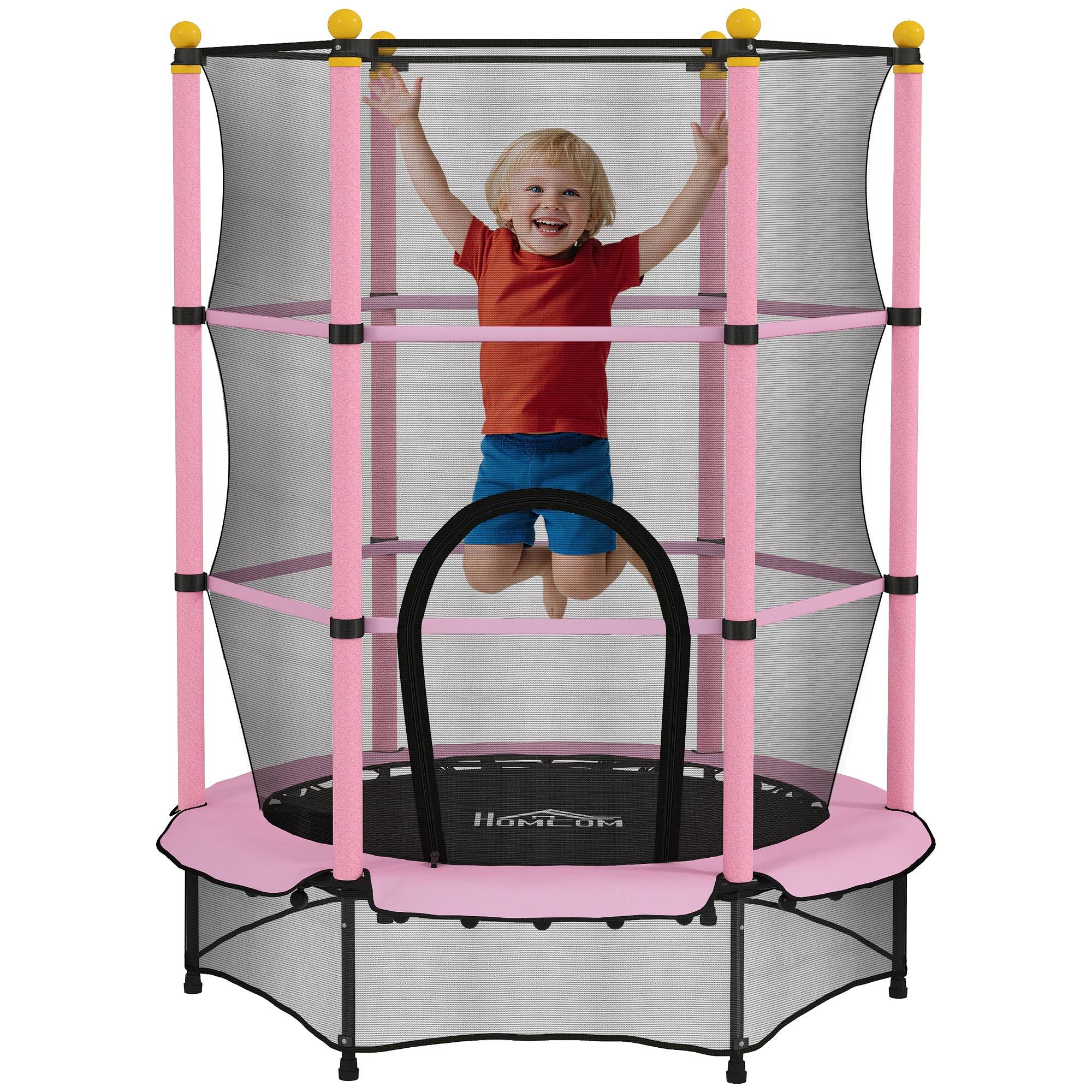 Trampoline Enfant Ø 1,40 × 1,90H m Filet de sécurité Porte zipée Couvre-Ressorts 6 poteaux rembourrés Inclus Rose
