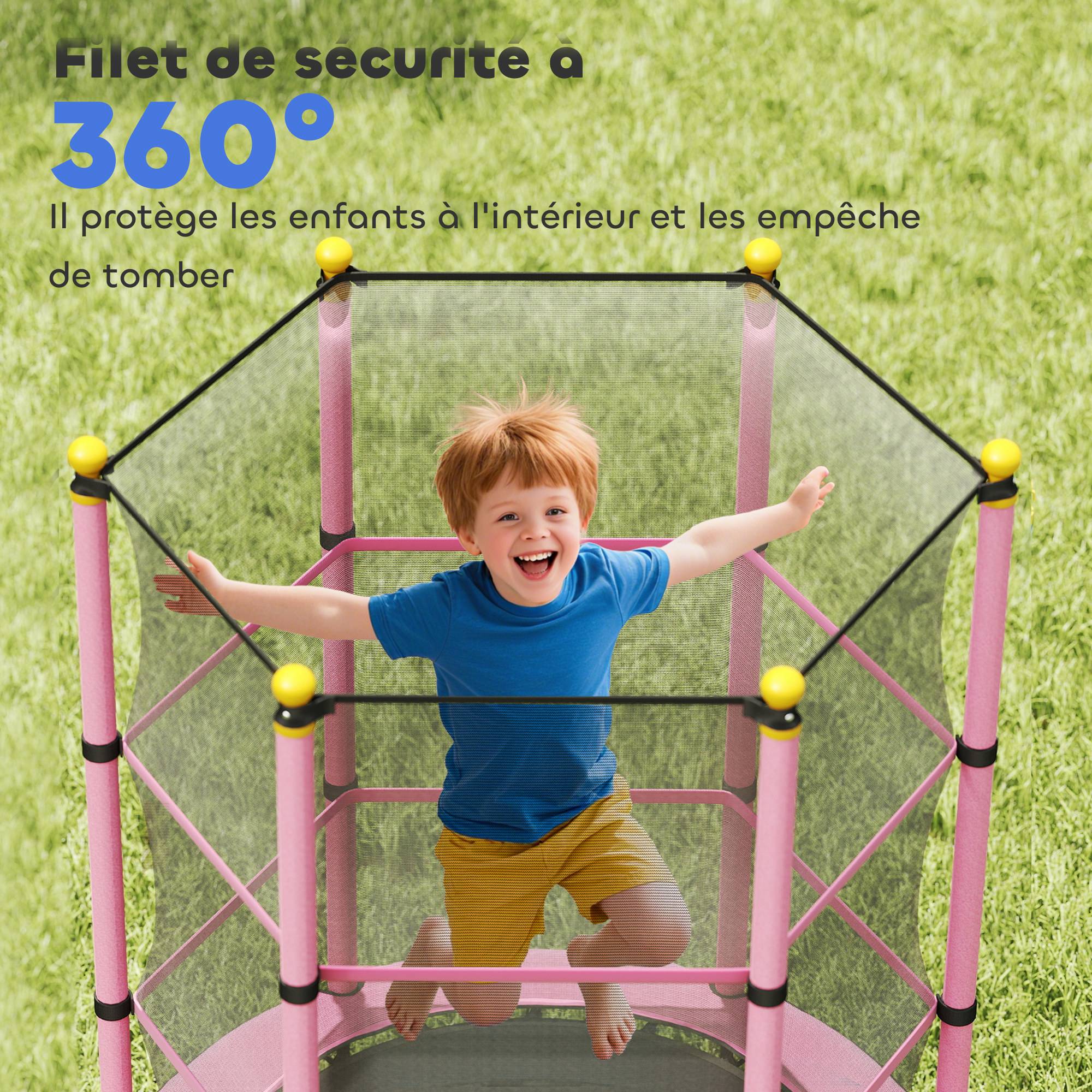 Trampoline Enfant Ø 1,40 × 1,90H m Filet de sécurité Porte zipée Couvre-Ressorts 6 poteaux rembourrés Inclus Rose - Image 9