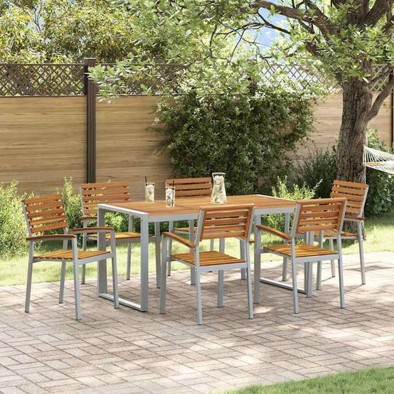 Mobilier de repas extérieur 7pcs Bois d'Acacia et Acier pour 6 personnes Jardin Gris Marron – ComfortXL Outdoor Living - Image 1