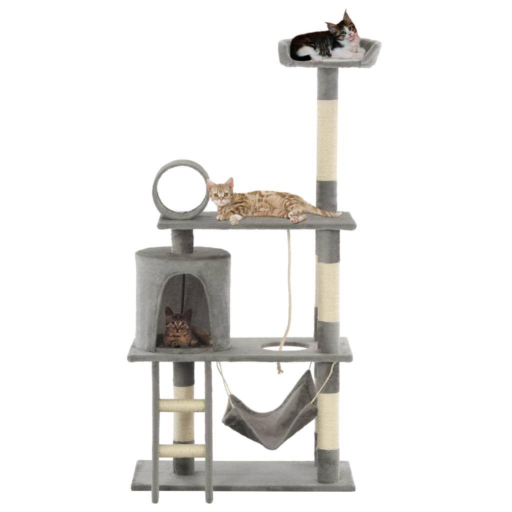 Helloshop26 - Arbre à chat griffoir grattoir niche jouet animaux peluché en sisal 140 cm gris - Imagen 1