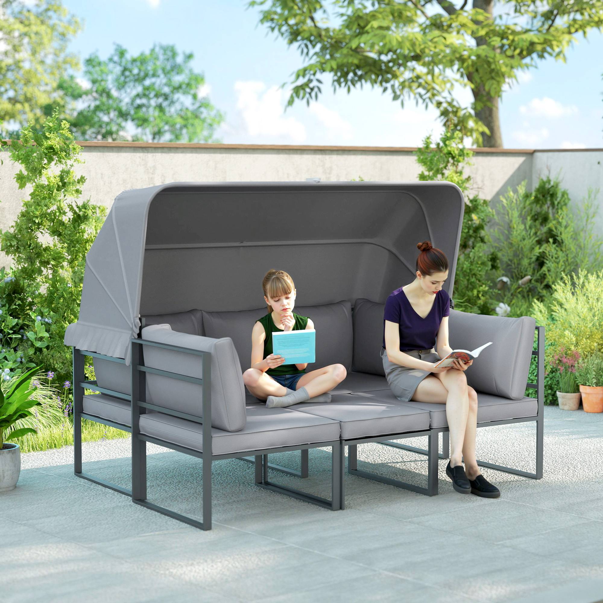 Salon de jardin extérieur 4 pièces | Mobilier de jardin Gris Polyester 180x63x142 cm - Image 3