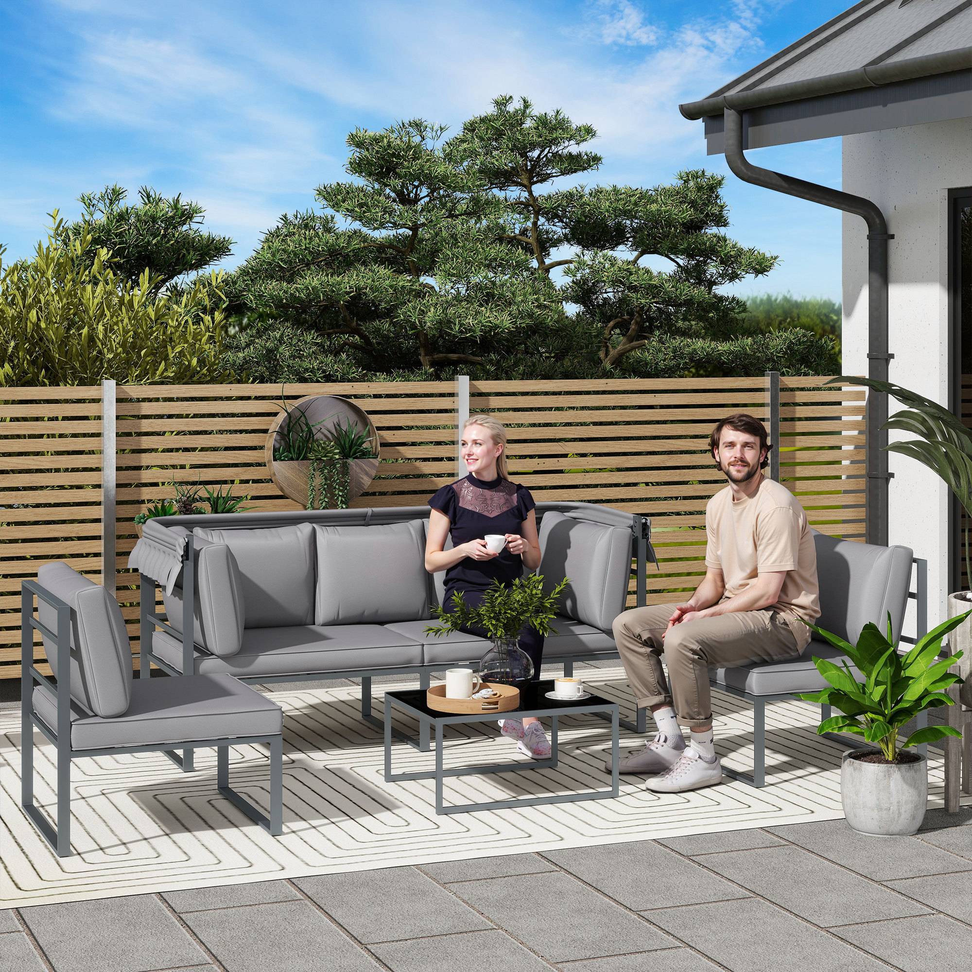 Salon de jardin extérieur 4 pièces | Mobilier de jardin Gris Polyester 180x63x142 cm - Image 2