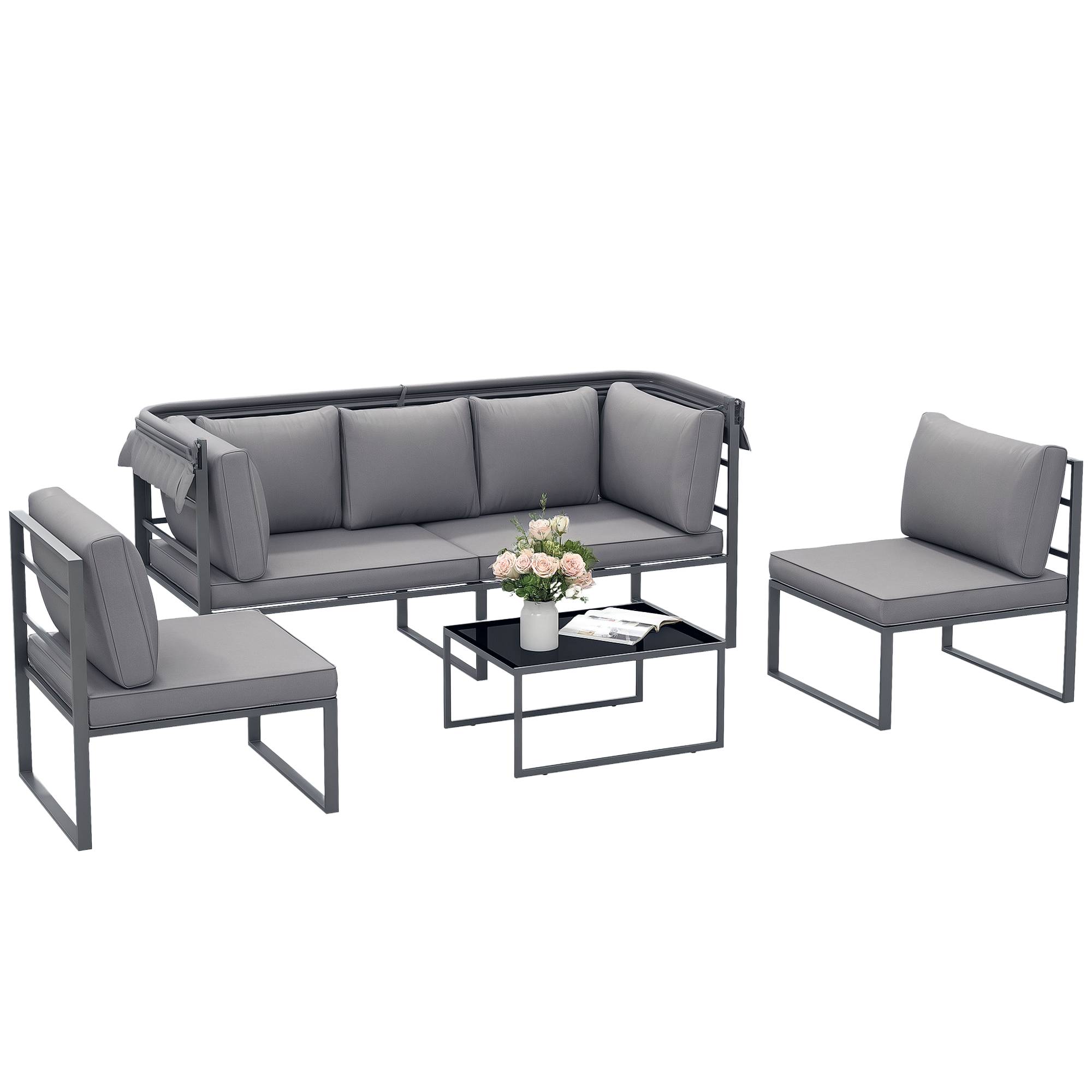 Salon de jardin extérieur 4 pièces | Mobilier de jardin Gris Polyester 180x63x142 cm - Image 1