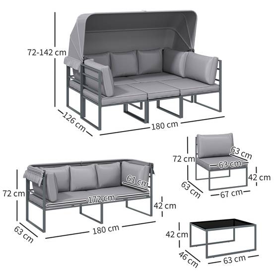 Salon de jardin extérieur 4 pièces | Mobilier de jardin Gris Polyester 180x63x142 cm - Image 4