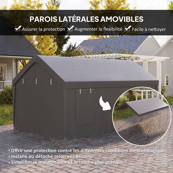 Carport tente garage PE avec fenêtres portes zippées stockage voitures gris 3x6m - ComfortXL Outdoor Living - Image 7