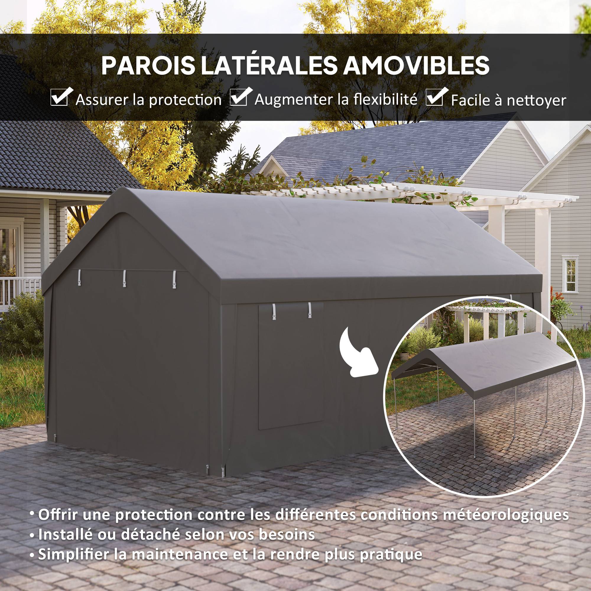 Carport tente garage PE avec fenêtres portes zippées stockage voitures gris 3x6m - ComfortXL Outdoor Living - Image 7