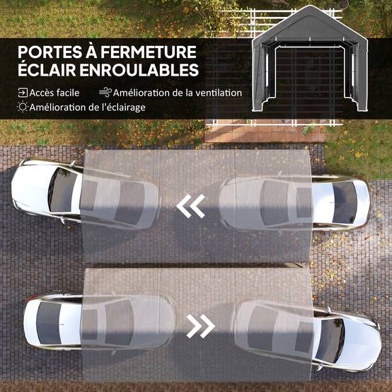 Carport tente garage PE avec fenêtres portes zippées stockage voitures gris 3x6m - ComfortXL Outdoor Living - Image 8