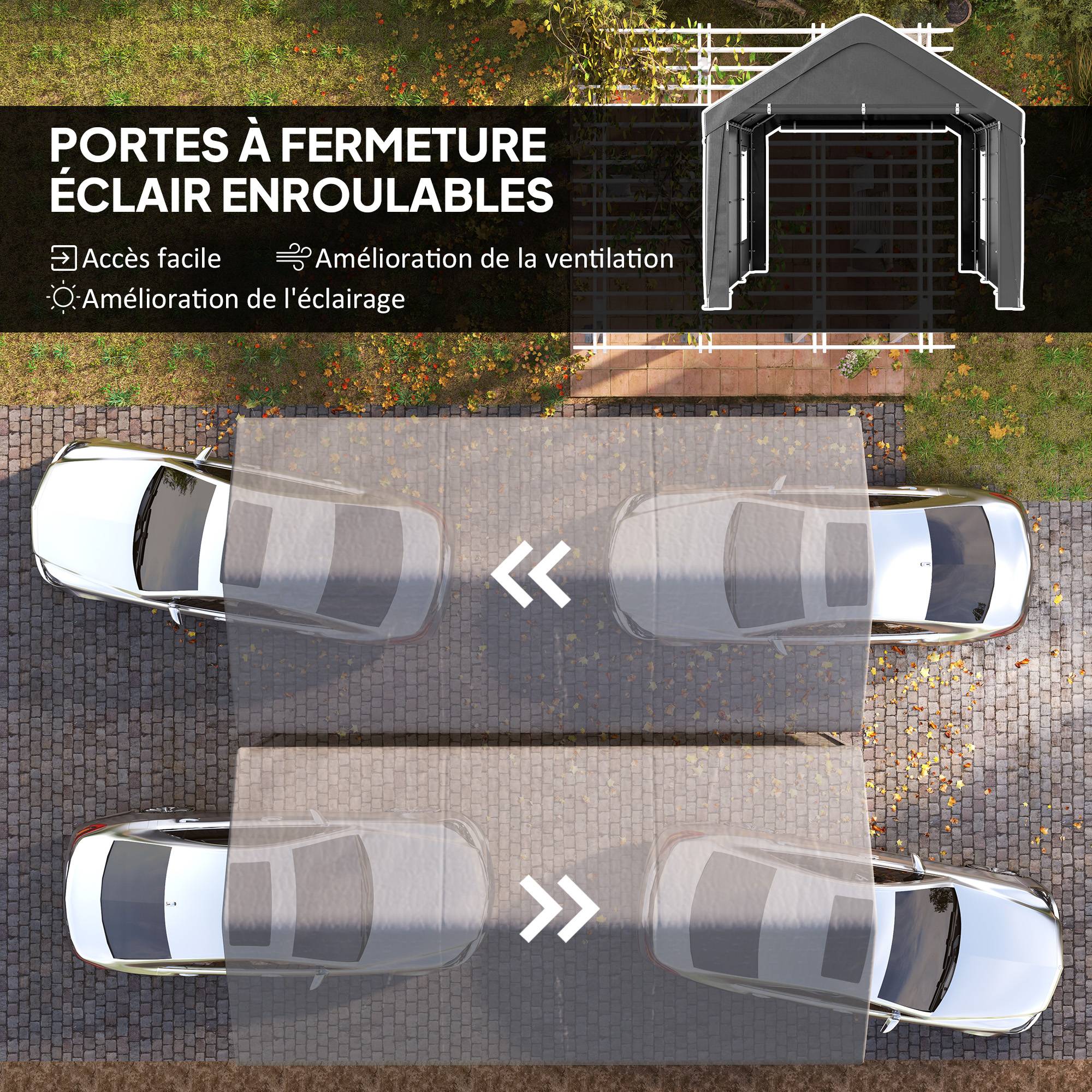 Carport tente garage PE avec fenêtres portes zippées stockage voitures gris 3x6m - ComfortXL Outdoor Living - Image 8