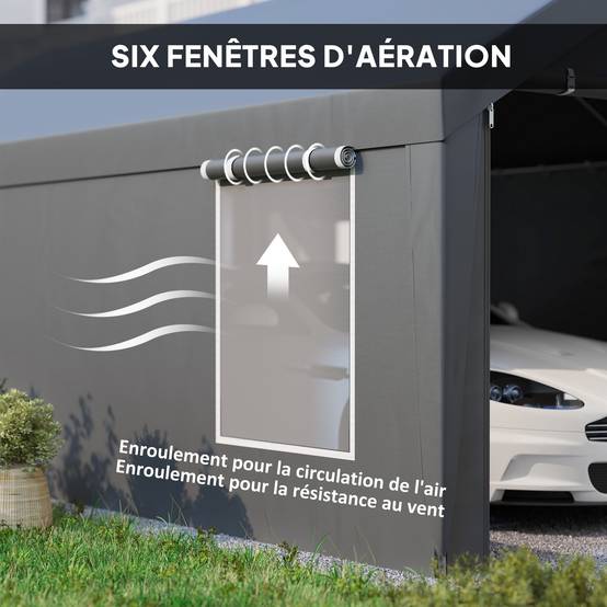 Carport tente garage PE avec fenêtres portes zippées stockage voitures gris 3x6m - ComfortXL Outdoor Living - Image 9