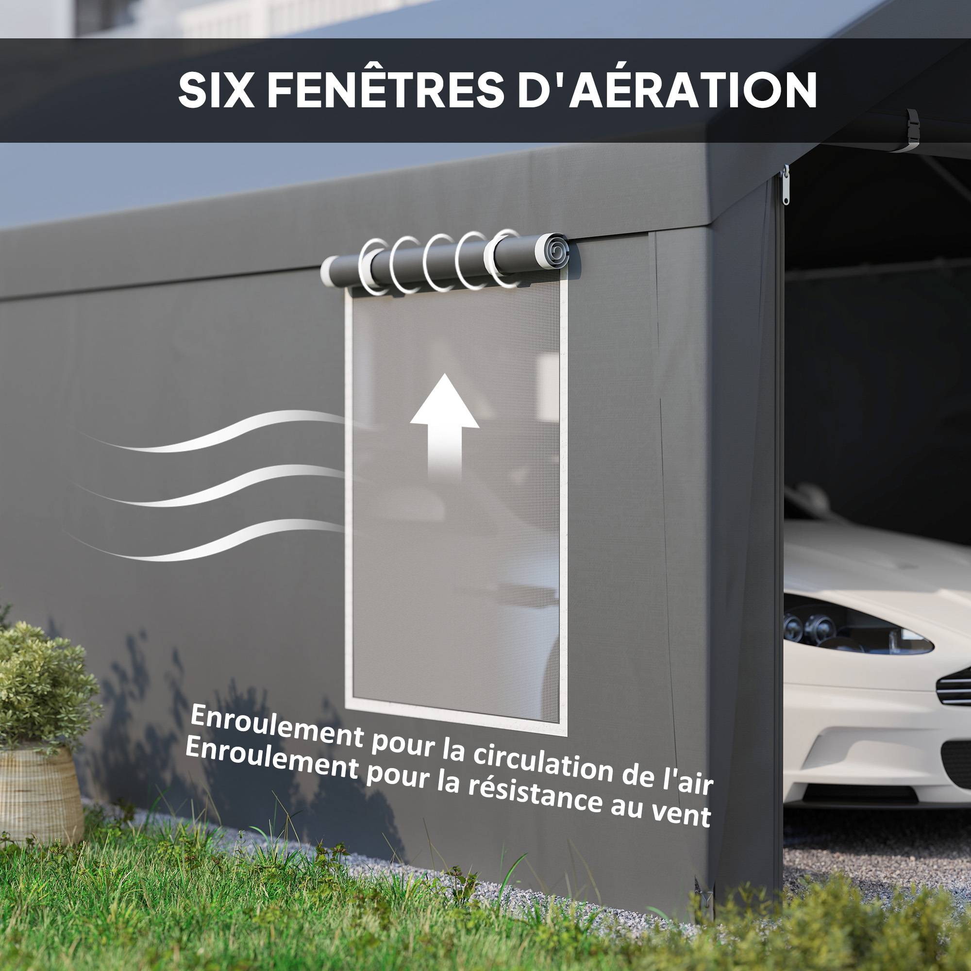 Carport tente garage PE avec fenêtres portes zippées stockage voitures gris 3x6m - ComfortXL Outdoor Living - Image 9