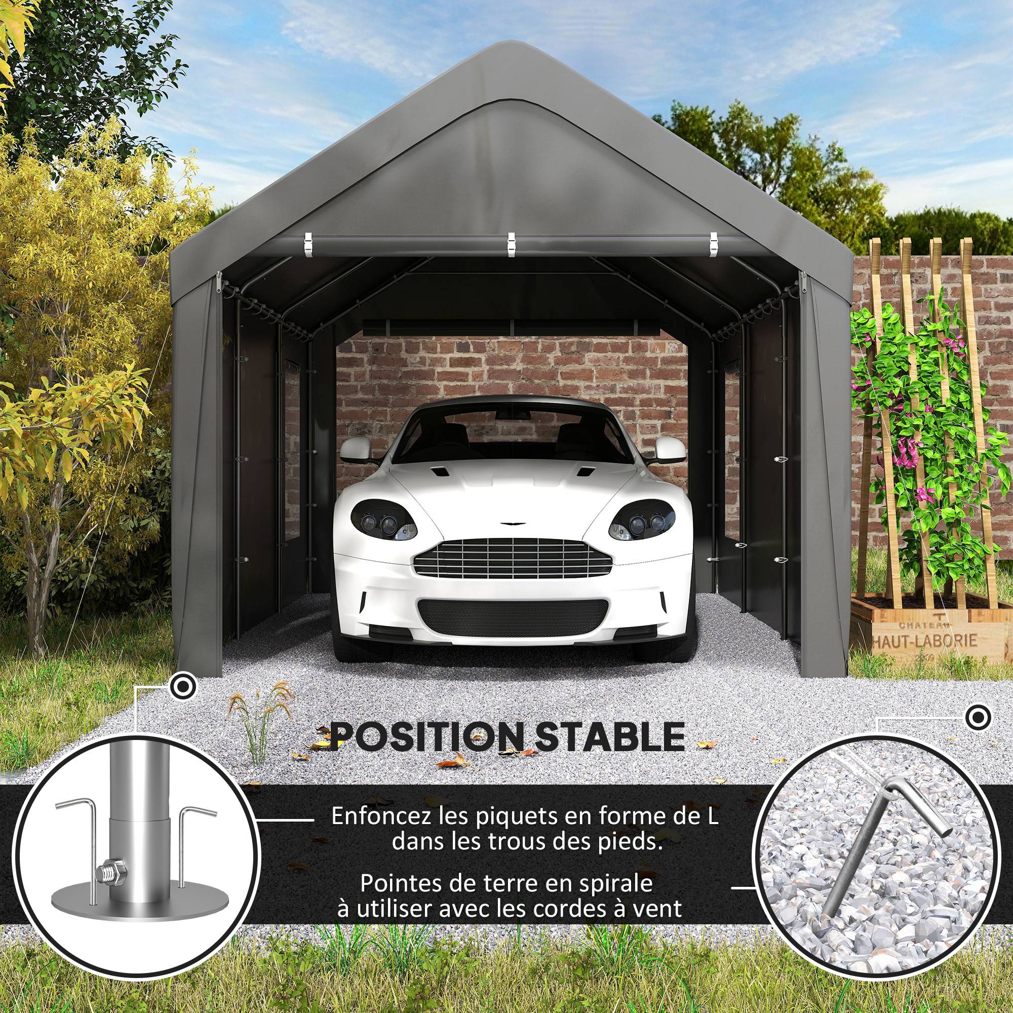 Carport tente garage PE avec fenêtres portes zippées stockage voitures gris 3x6m - ComfortXL Outdoor Living - Image 10