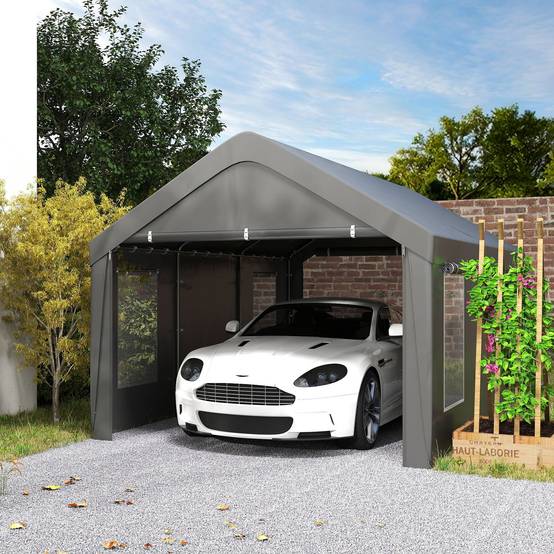 Carport tente garage PE avec fenêtres portes zippées stockage voitures gris 3x6m - ComfortXL Outdoor Living - Image 4