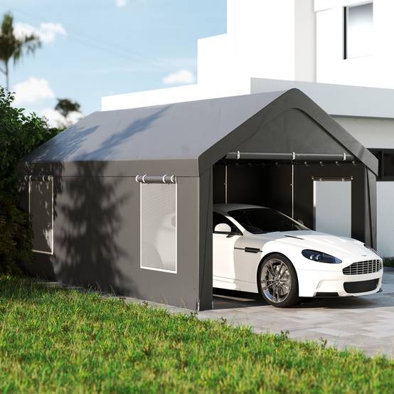 Carport tente garage PE avec fenêtres portes zippées stockage voitures gris 3x6m - ComfortXL Outdoor Living - Image 3