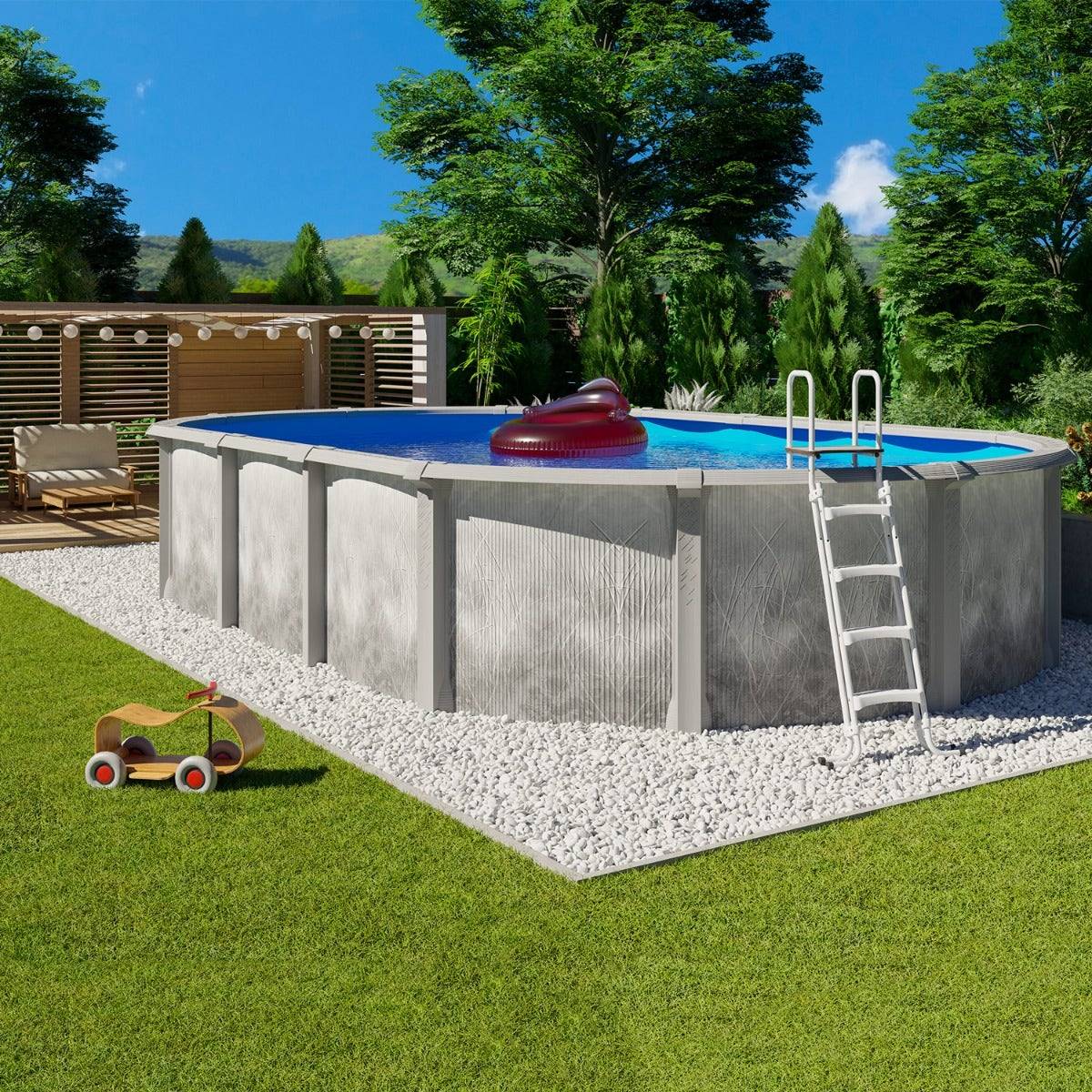 Piscine hors sol acier et résine ovale 7,60 x 4,55 x 1,32 m gris dégradé LIBERTY - Image 2