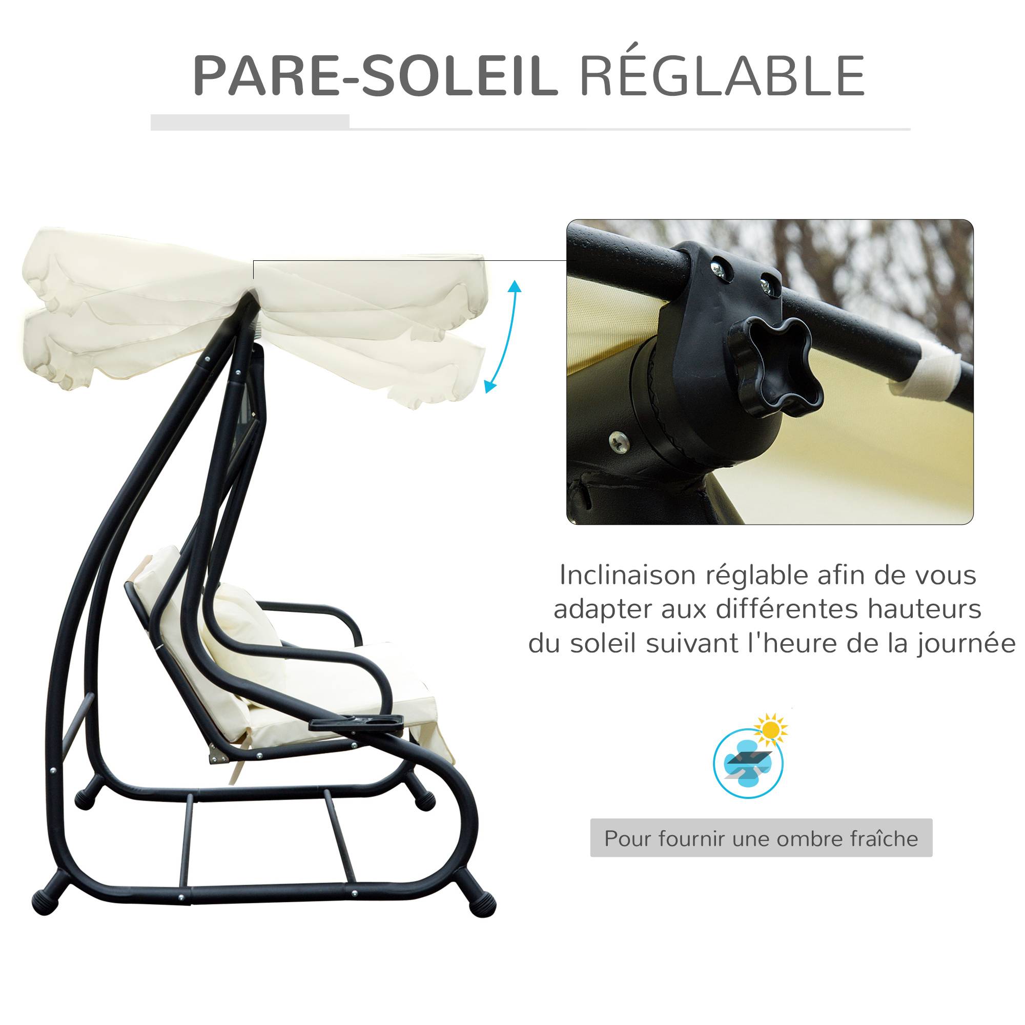 Outsunny - Balancelle de jardin 3 places convertible toit inclinaison réglable 2 tablettes support acier époxy gris polyester crème - Imagen 6