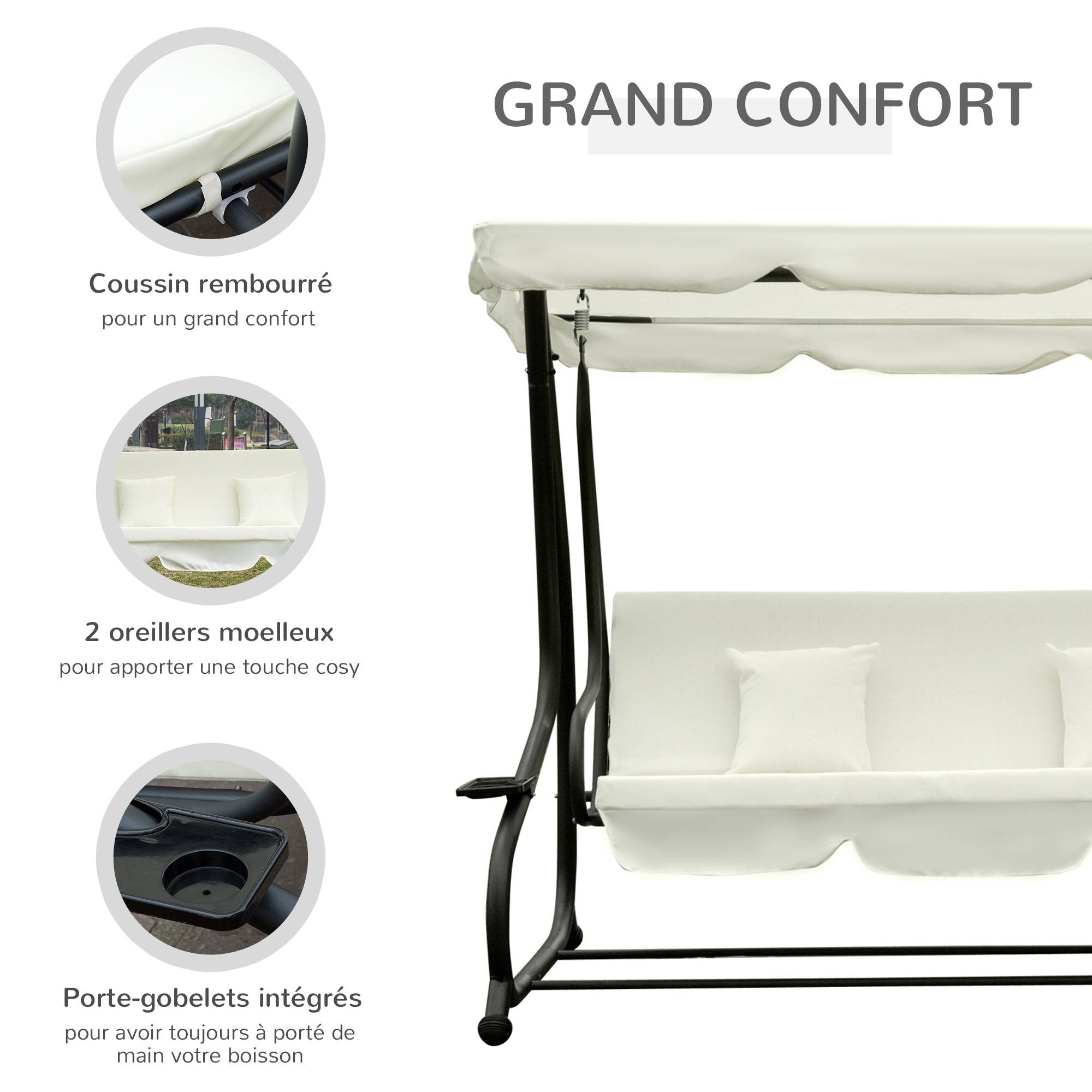 Outsunny - Balancelle de jardin 3 places convertible toit inclinaison réglable 2 tablettes support acier époxy gris polyester crème - Imagen 5