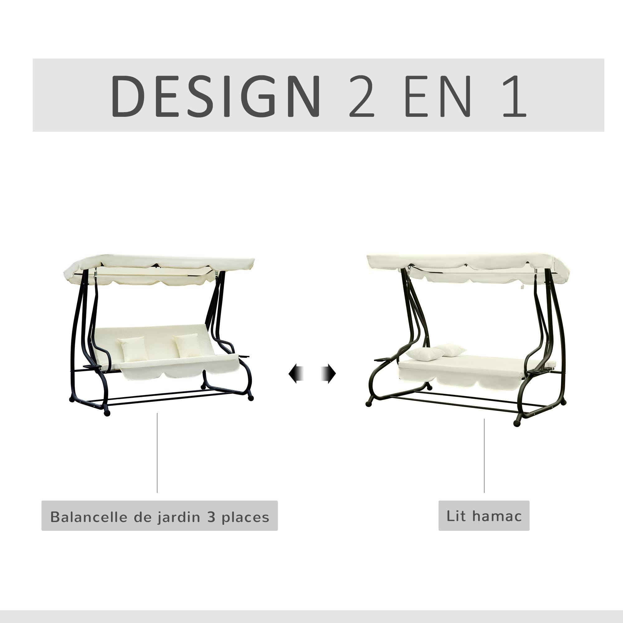 Outsunny - Balancelle de jardin 3 places convertible toit inclinaison réglable 2 tablettes support acier époxy gris polyester crème - Imagen 3