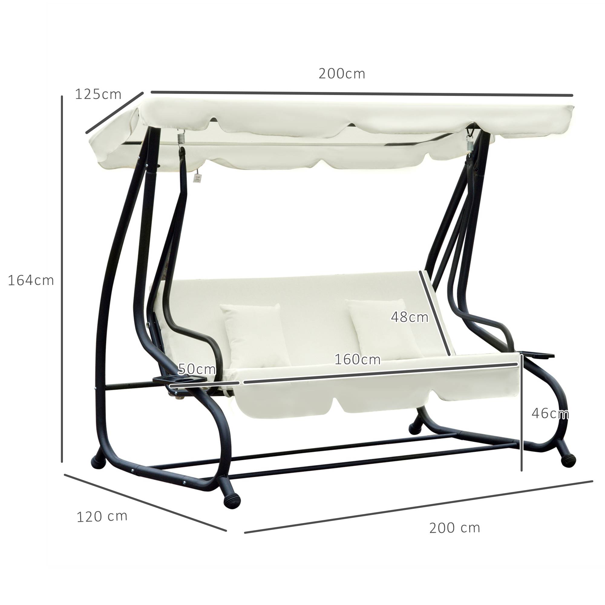 Outsunny - Balancelle de jardin 3 places convertible toit inclinaison réglable 2 tablettes support acier époxy gris polyester crème - Imagen 2