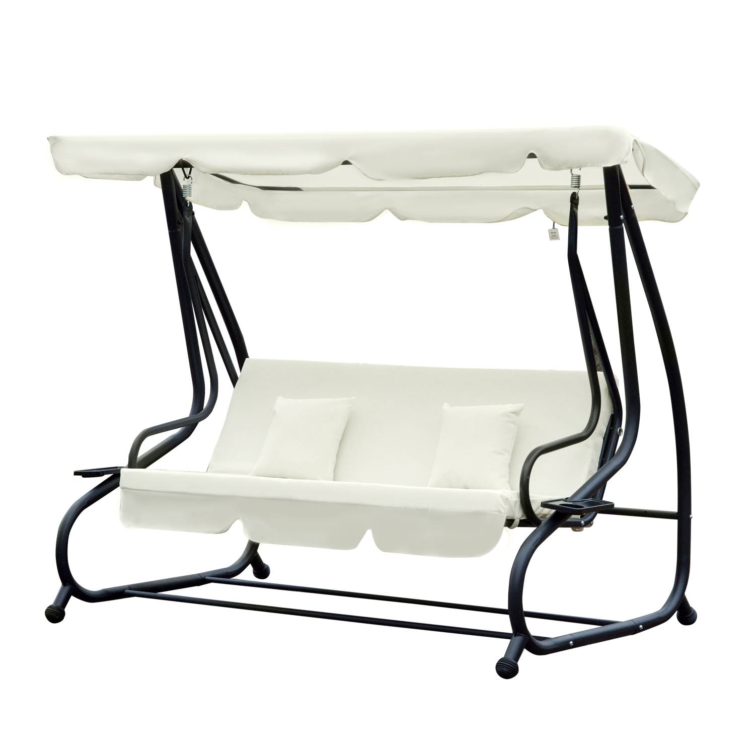 Outsunny - Balancelle de jardin 3 places convertible toit inclinaison réglable 2 tablettes support acier époxy gris polyester crème - Imagen 1