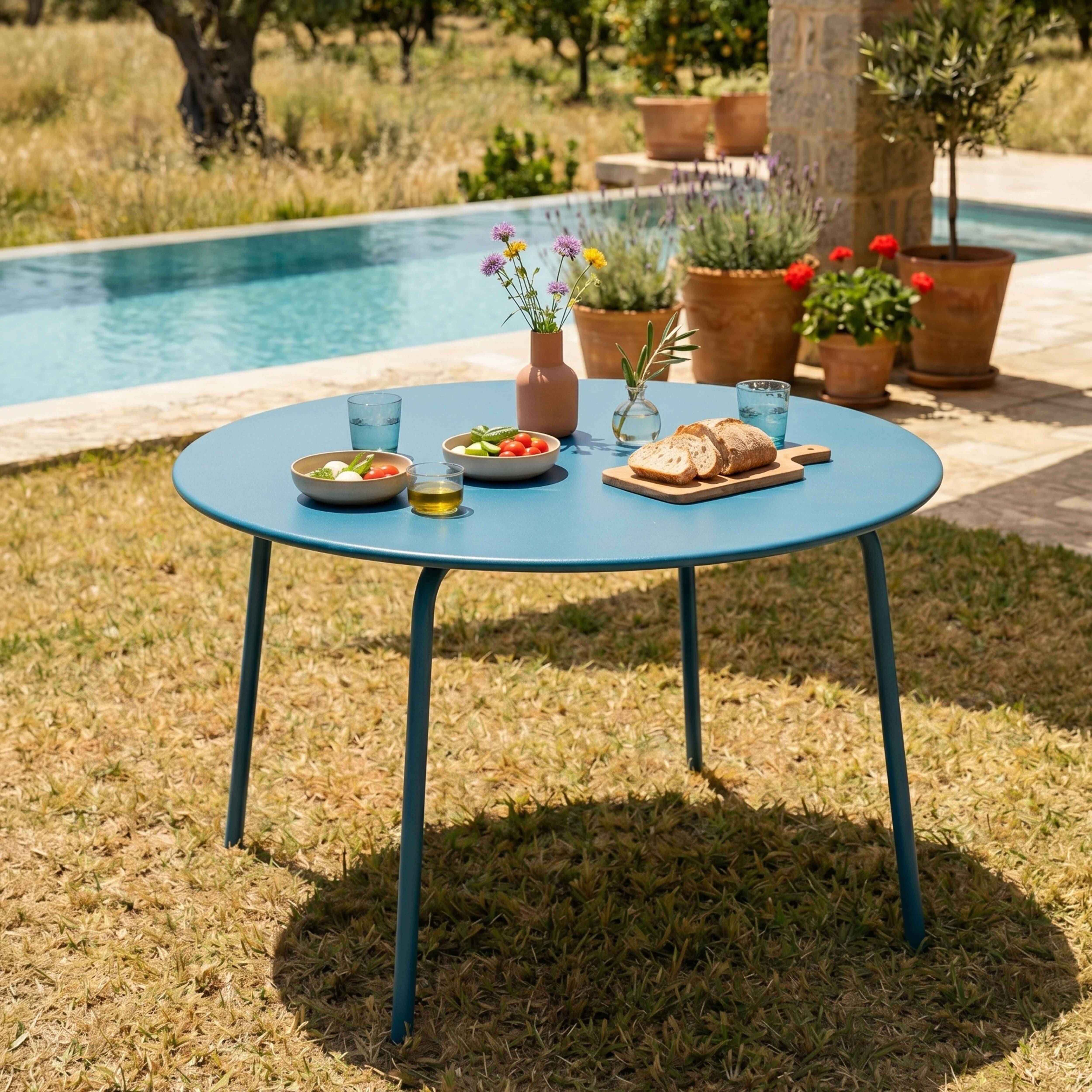 Oviala - Ensemble table de jardin ronde et 6 fauteuils acier bleu pacific Palavas - Oviala - Imagen 3