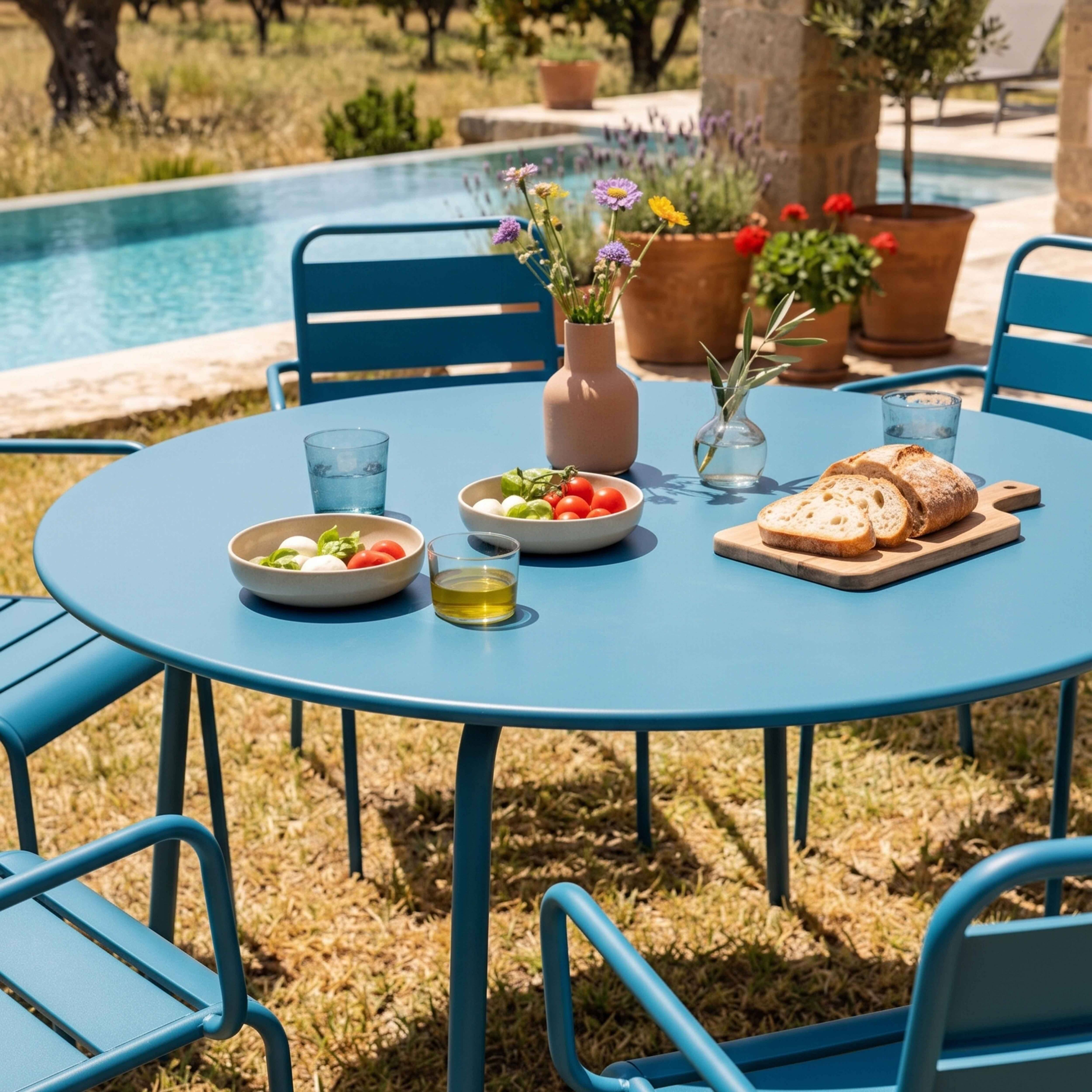Oviala - Ensemble table de jardin ronde et 6 fauteuils acier bleu pacific Palavas - Oviala - Imagen 4