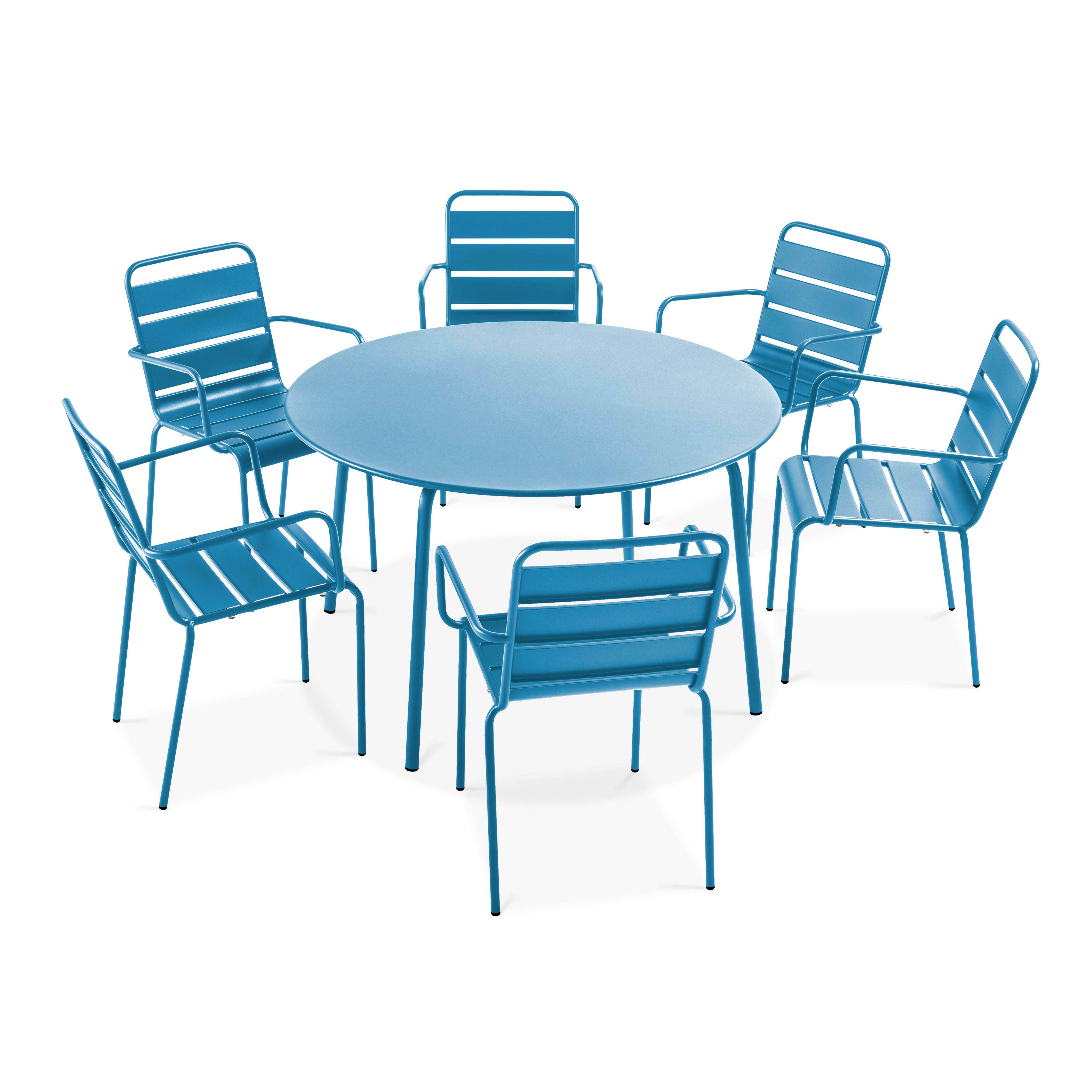 Oviala - Ensemble table de jardin ronde et 6 fauteuils acier bleu pacific Palavas - Oviala - Imagen 1