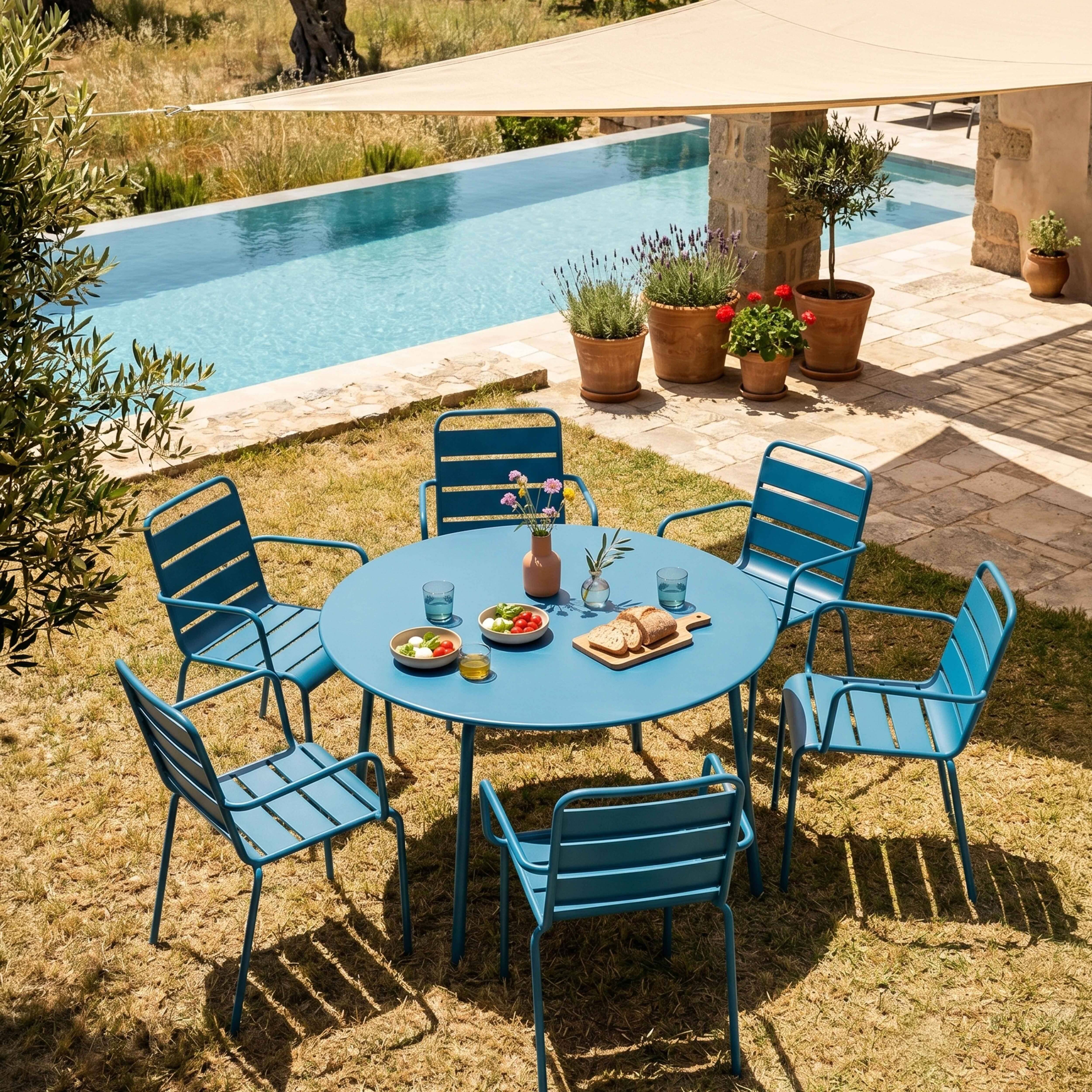 Oviala - Ensemble table de jardin ronde et 6 fauteuils acier bleu pacific Palavas - Oviala - Imagen 2