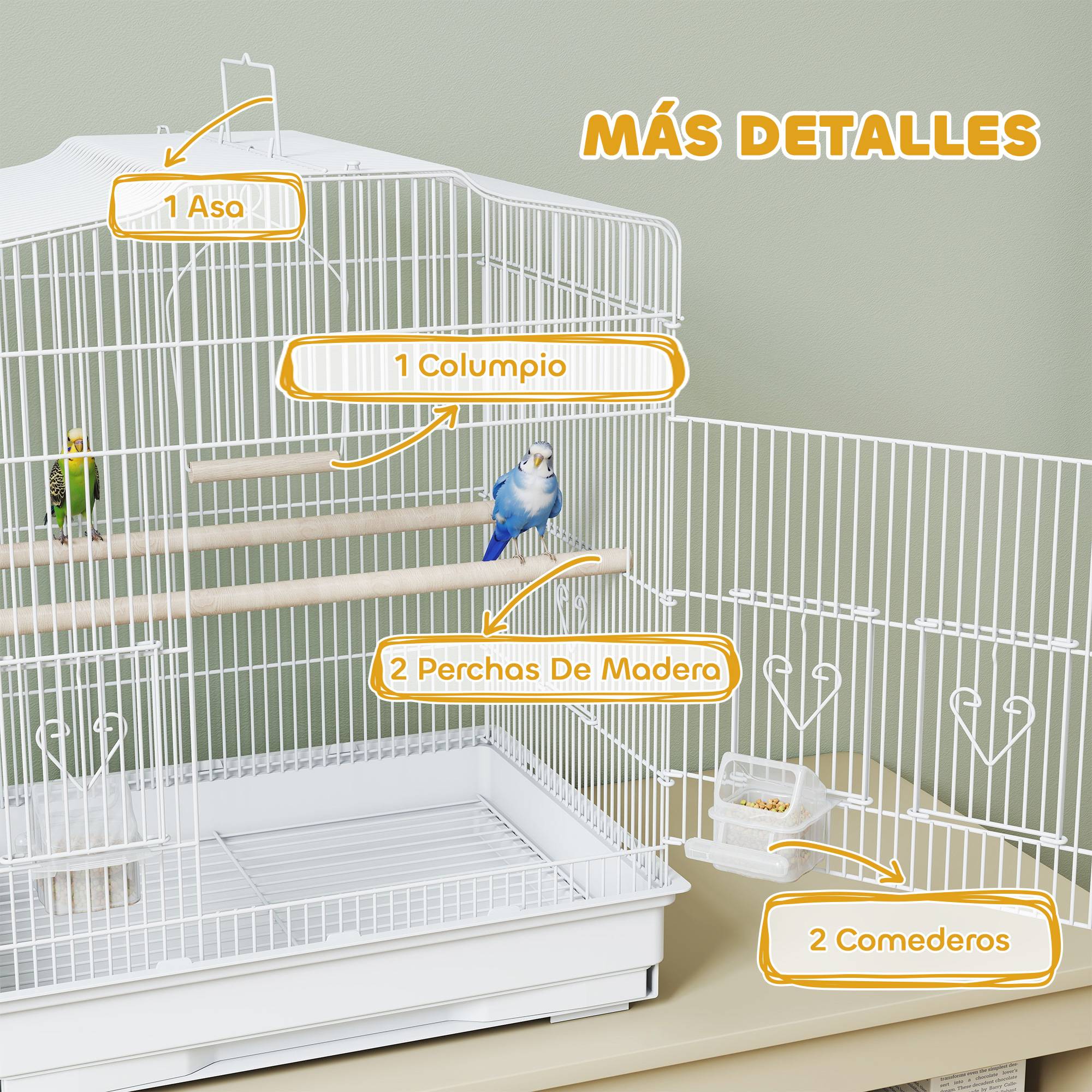 Cage pour oiseaux, volière en acier avec 2 mangeoires, 2 perchoirs, balançoire et plateau amovible, poignée, 46,5x36x59 cm, blanc - Image 8