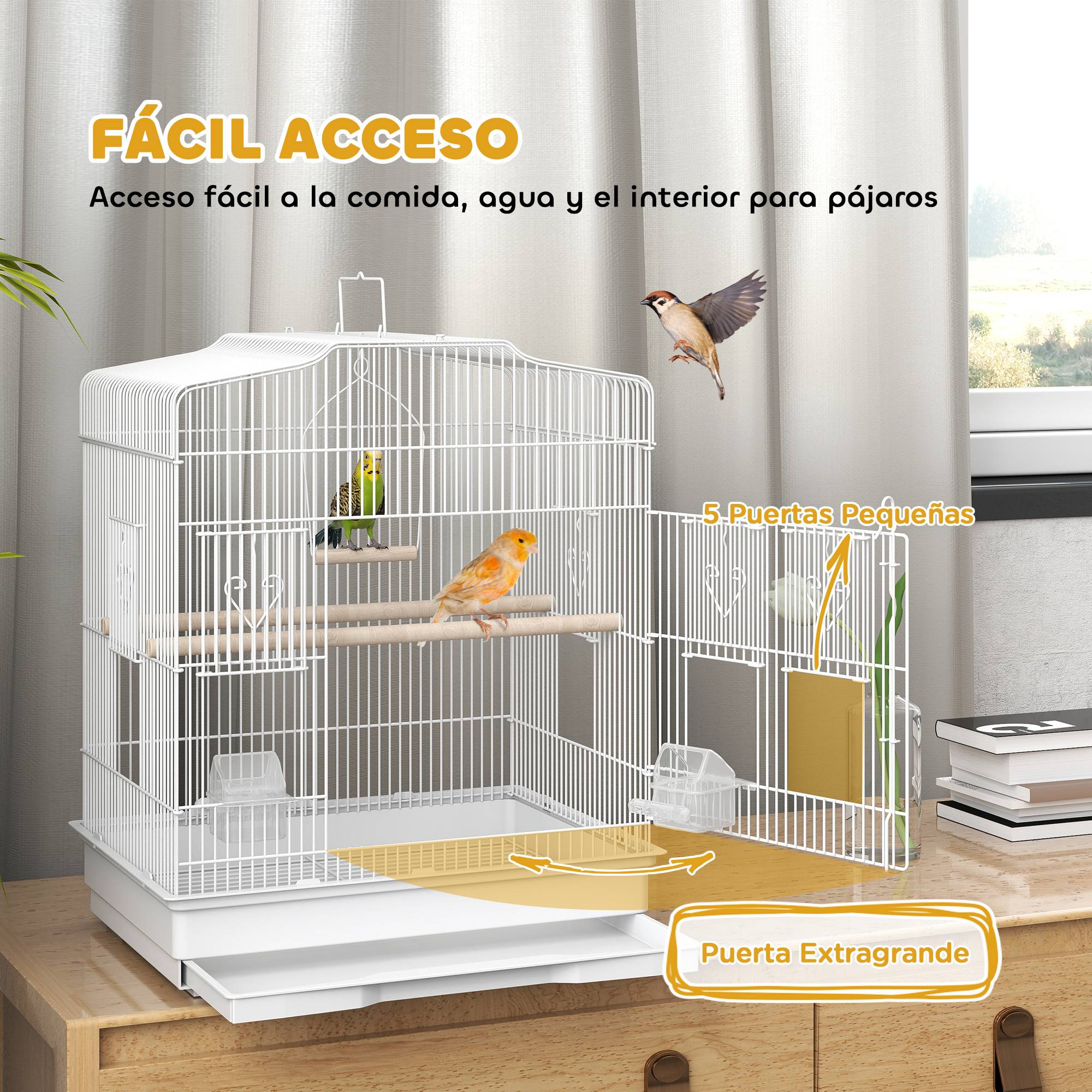 Cage pour oiseaux, volière en acier avec 2 mangeoires, 2 perchoirs, balançoire et plateau amovible, poignée, 46,5x36x59 cm, blanc - Image 6