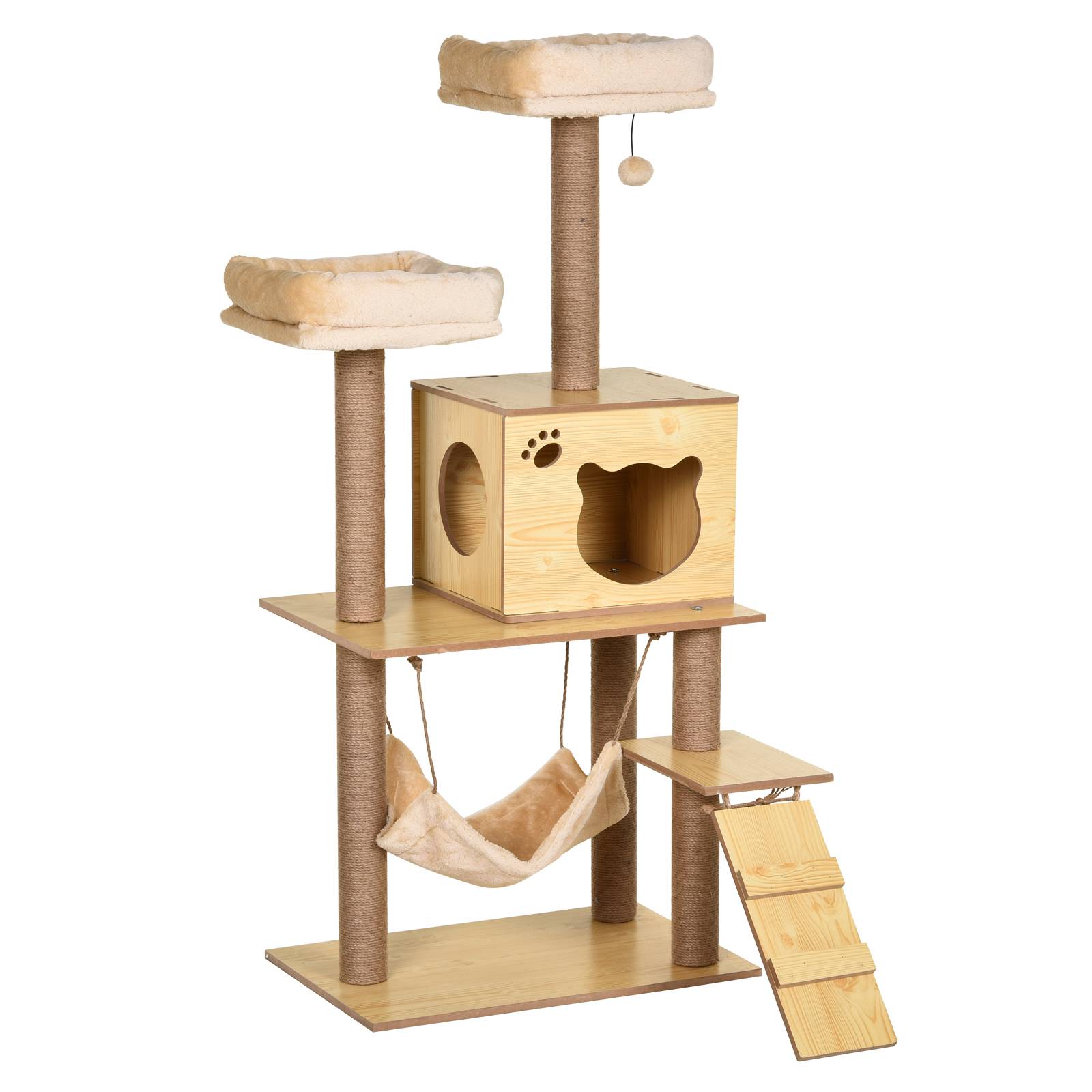 Pawhut - Arbre à chats design contemporain griffoirs grattoirs sisal naturel niche plate-formes hamac boule panneaux particules beige - Image 1