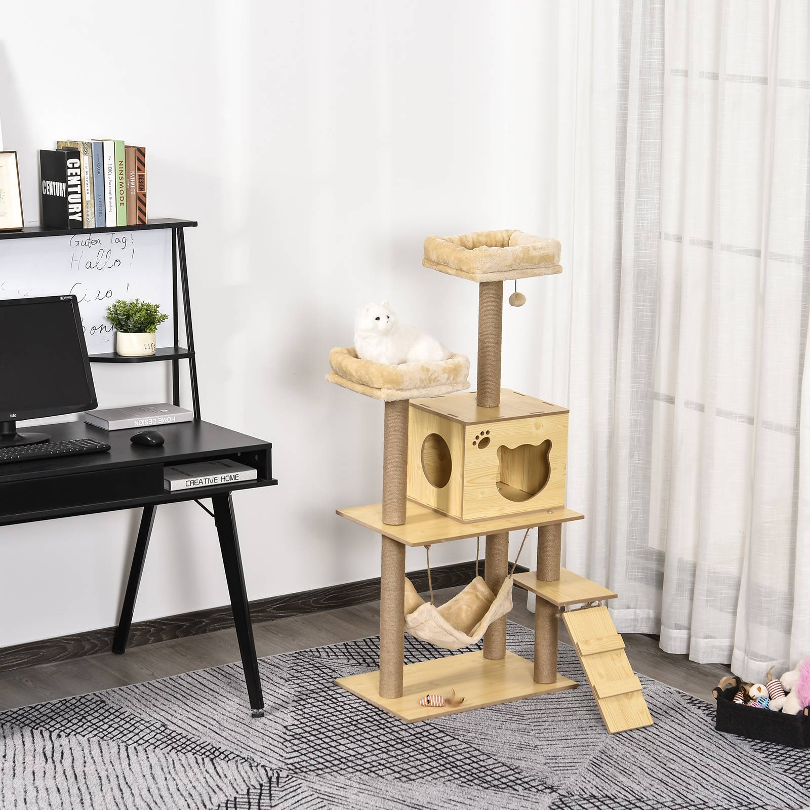 Pawhut - Arbre à chats design contemporain griffoirs grattoirs sisal naturel niche plate-formes hamac boule panneaux particules beige - Image 2