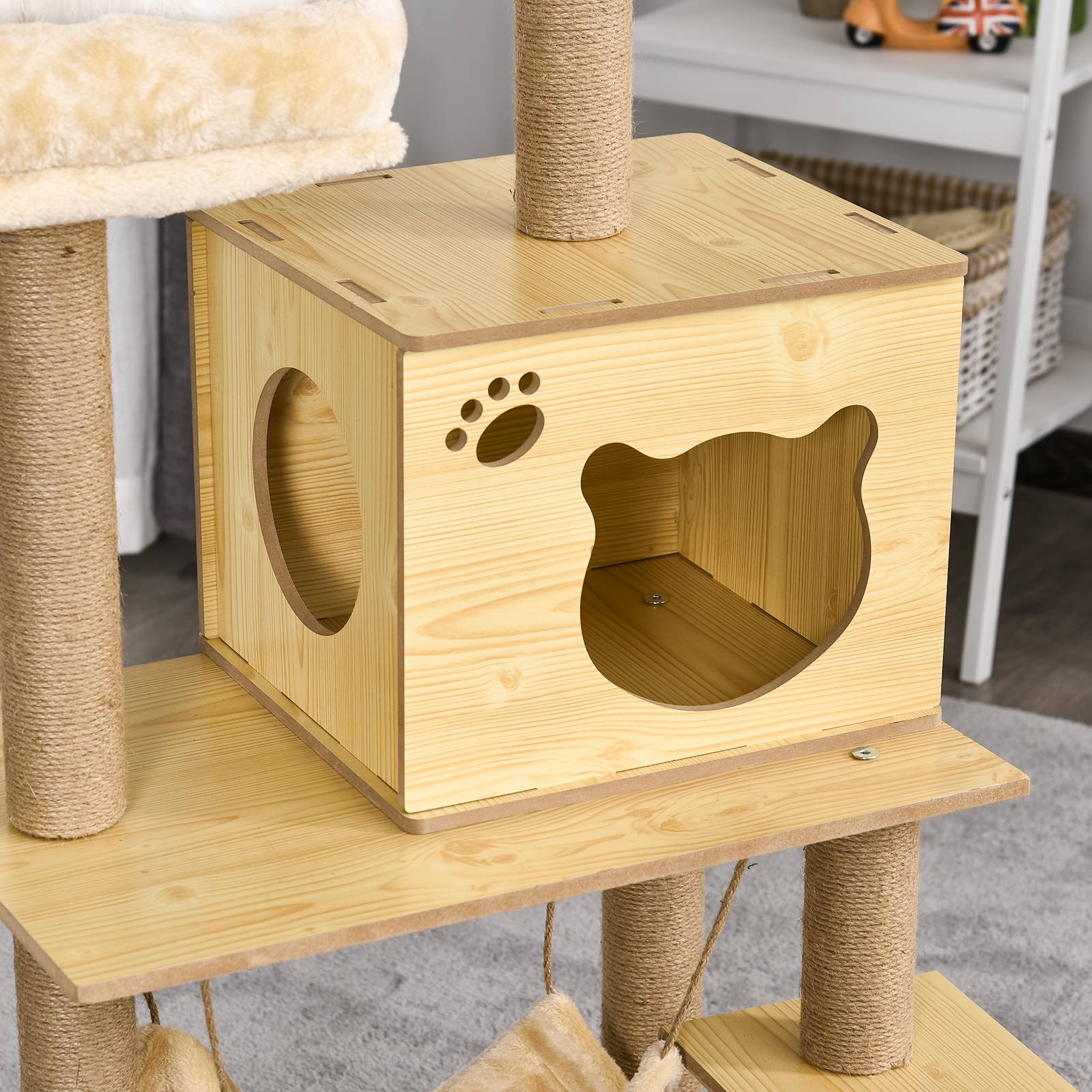 Pawhut - Arbre à chats design contemporain griffoirs grattoirs sisal naturel niche plate-formes hamac boule panneaux particules beige - Image 4